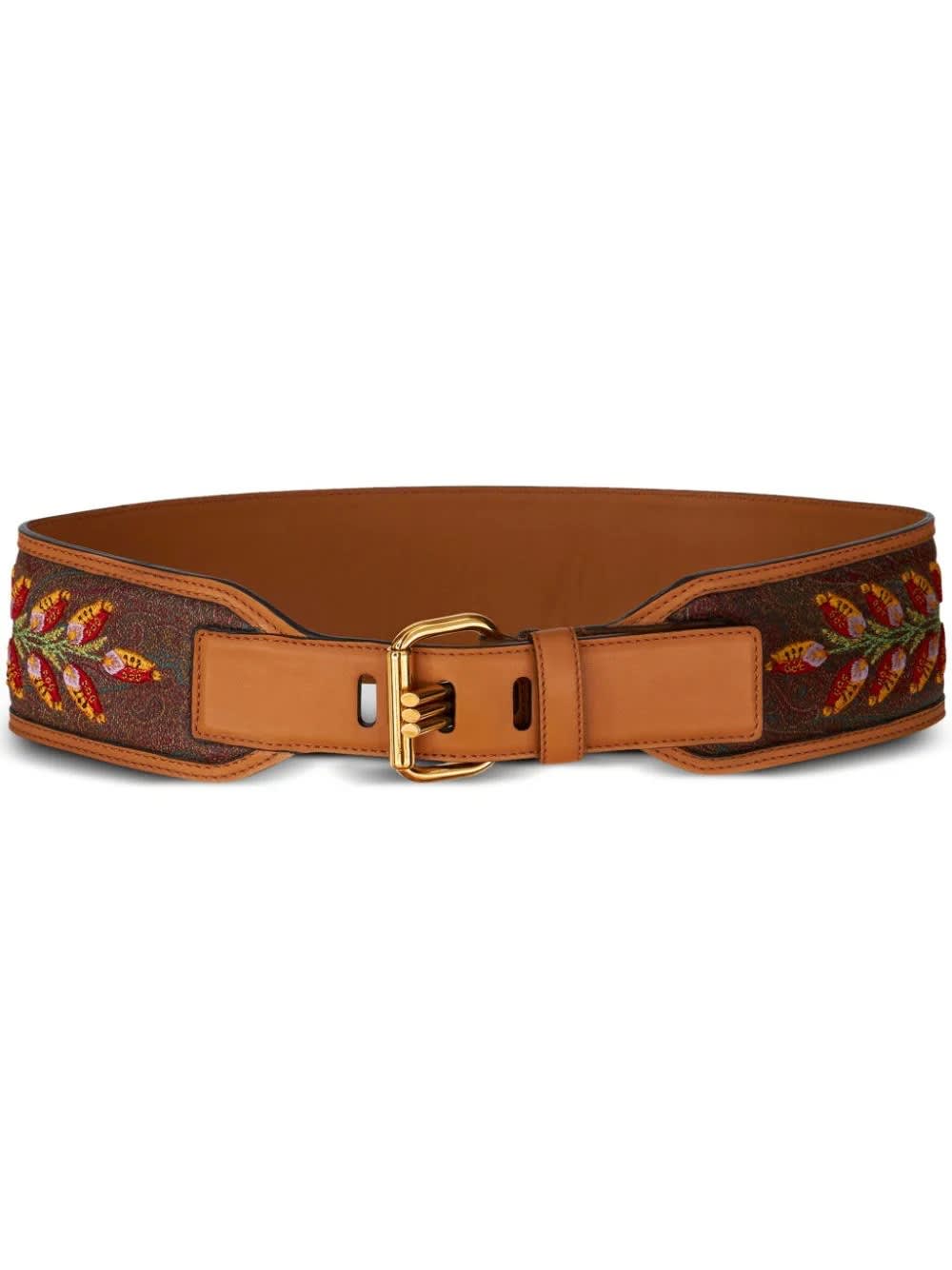 Etro Brown Paisley Belts With Embroideries