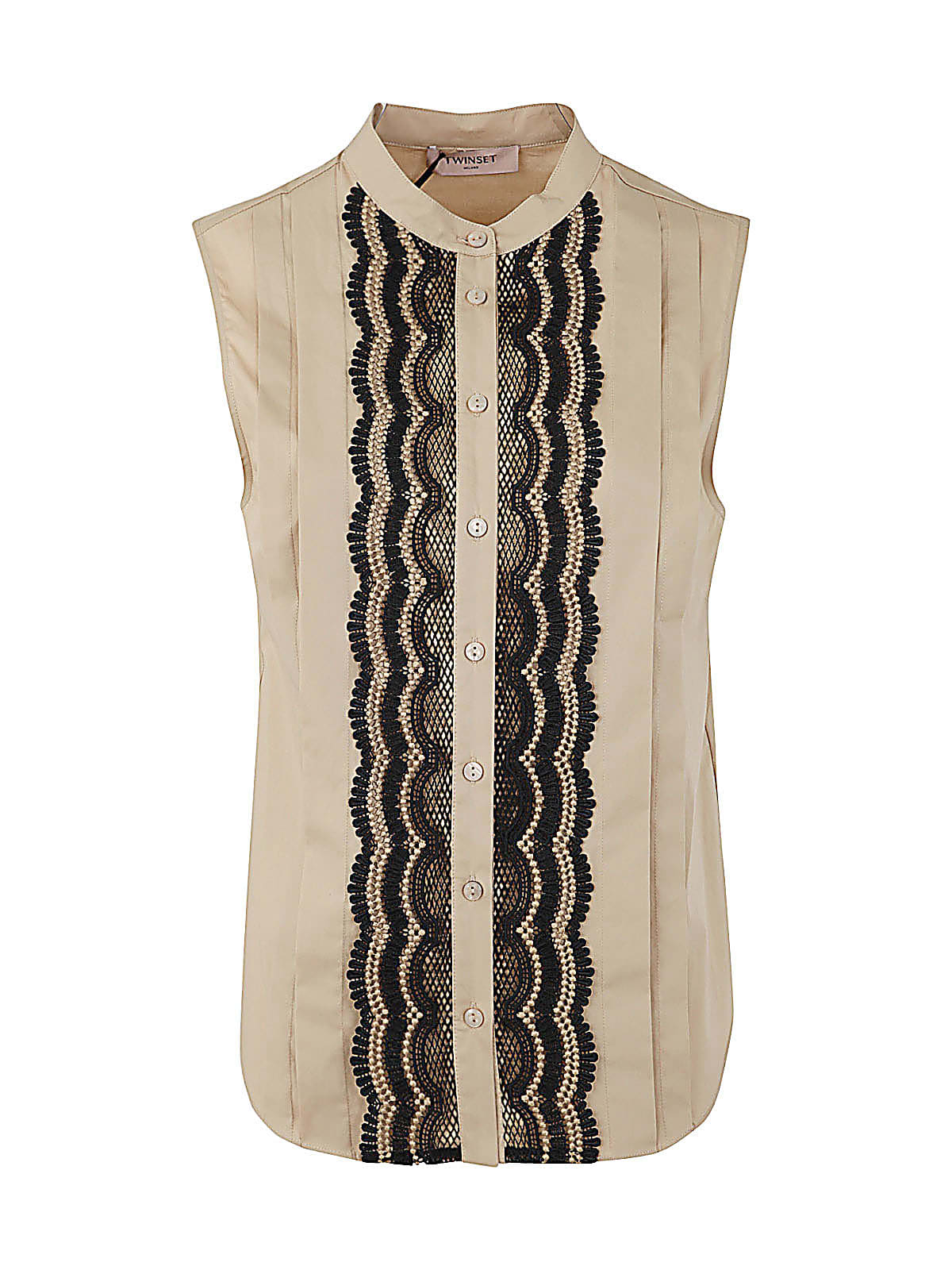 Twinset Women's Sleeveless Shirt W/plastron In Ric Beige Black