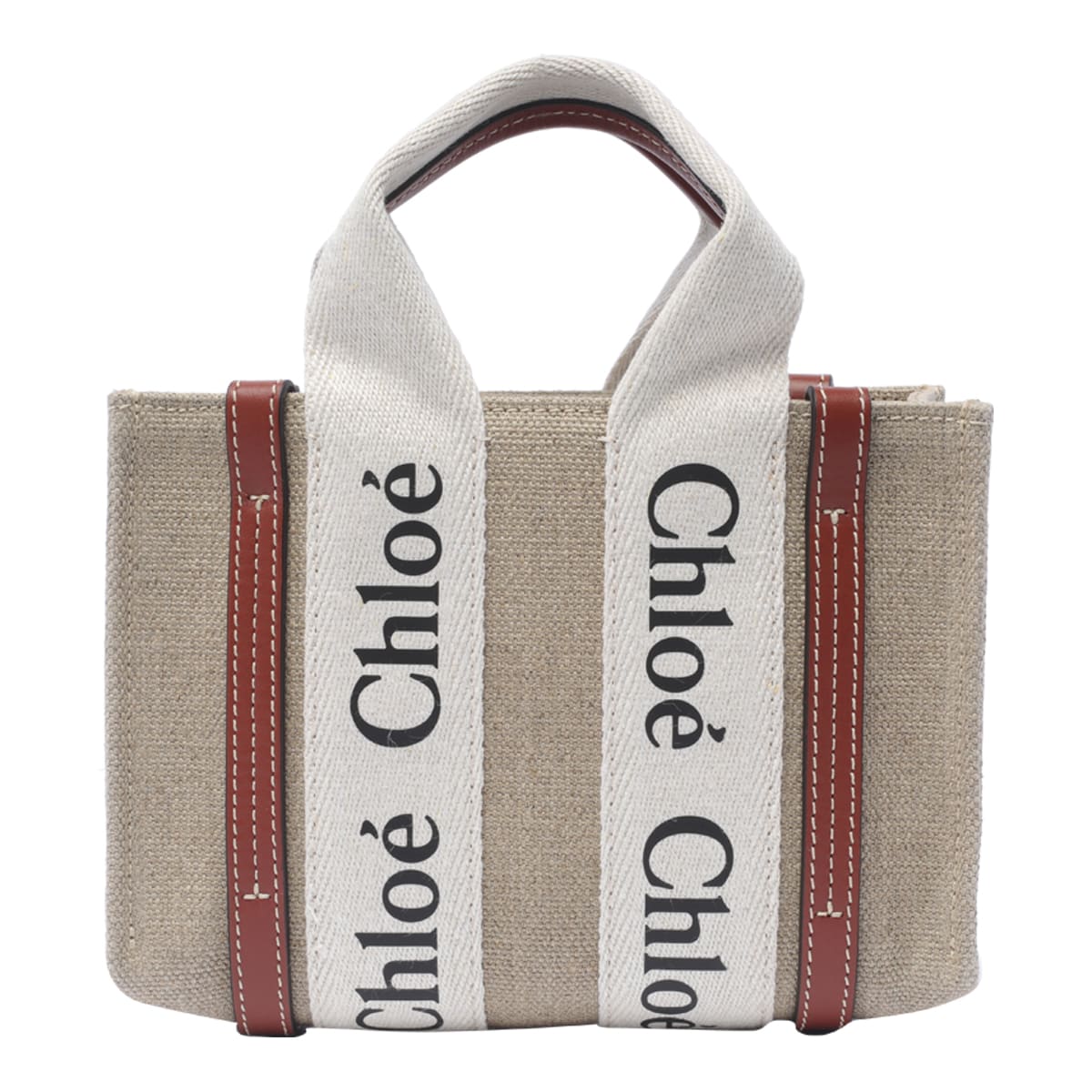 Shop Chloé Woody Linen Mini Tote Bag In Beige