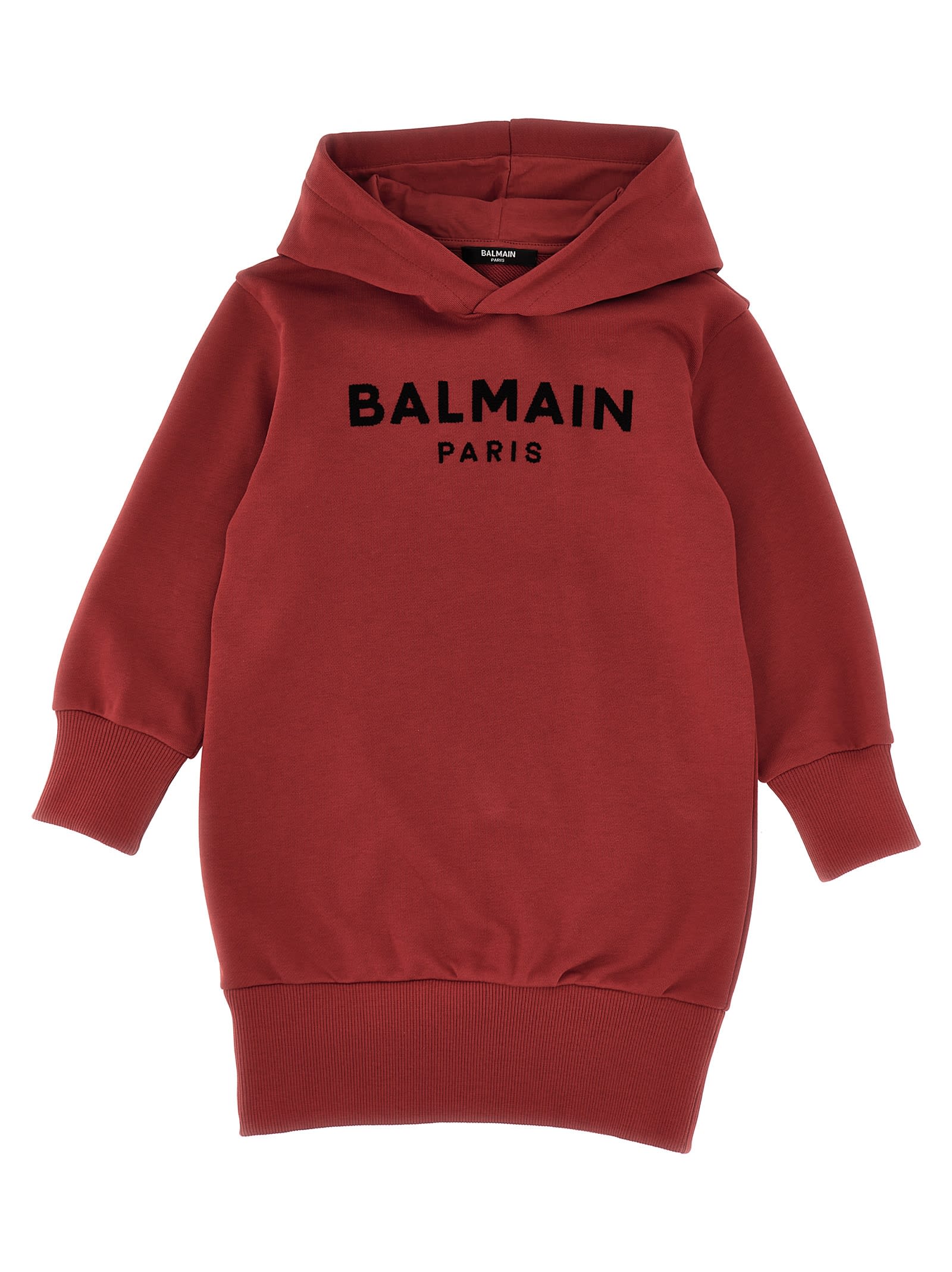 Shop Balmain Logo Embroidery Hooded Dress In Bordeaux