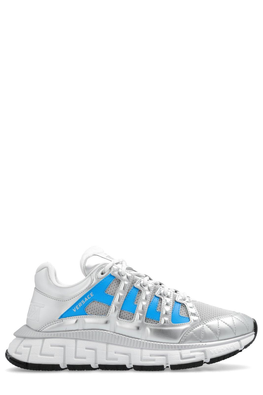 Shop Versace Trigreca Panelled Mesh Lace-up Sneakers In Silver Blue White (silver)
