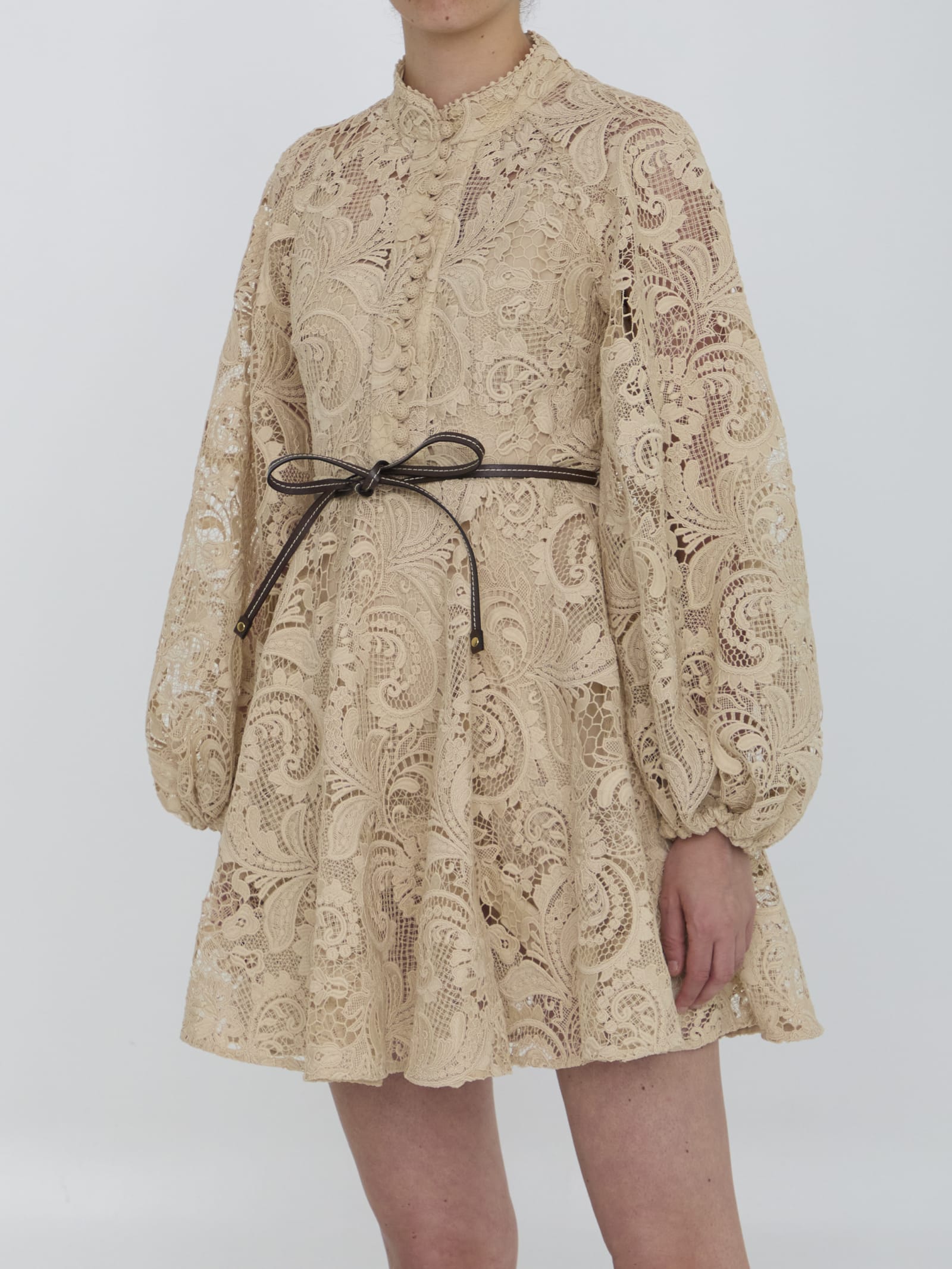 Shop Zimmermann Waverly Lace Mini Dress In Beige