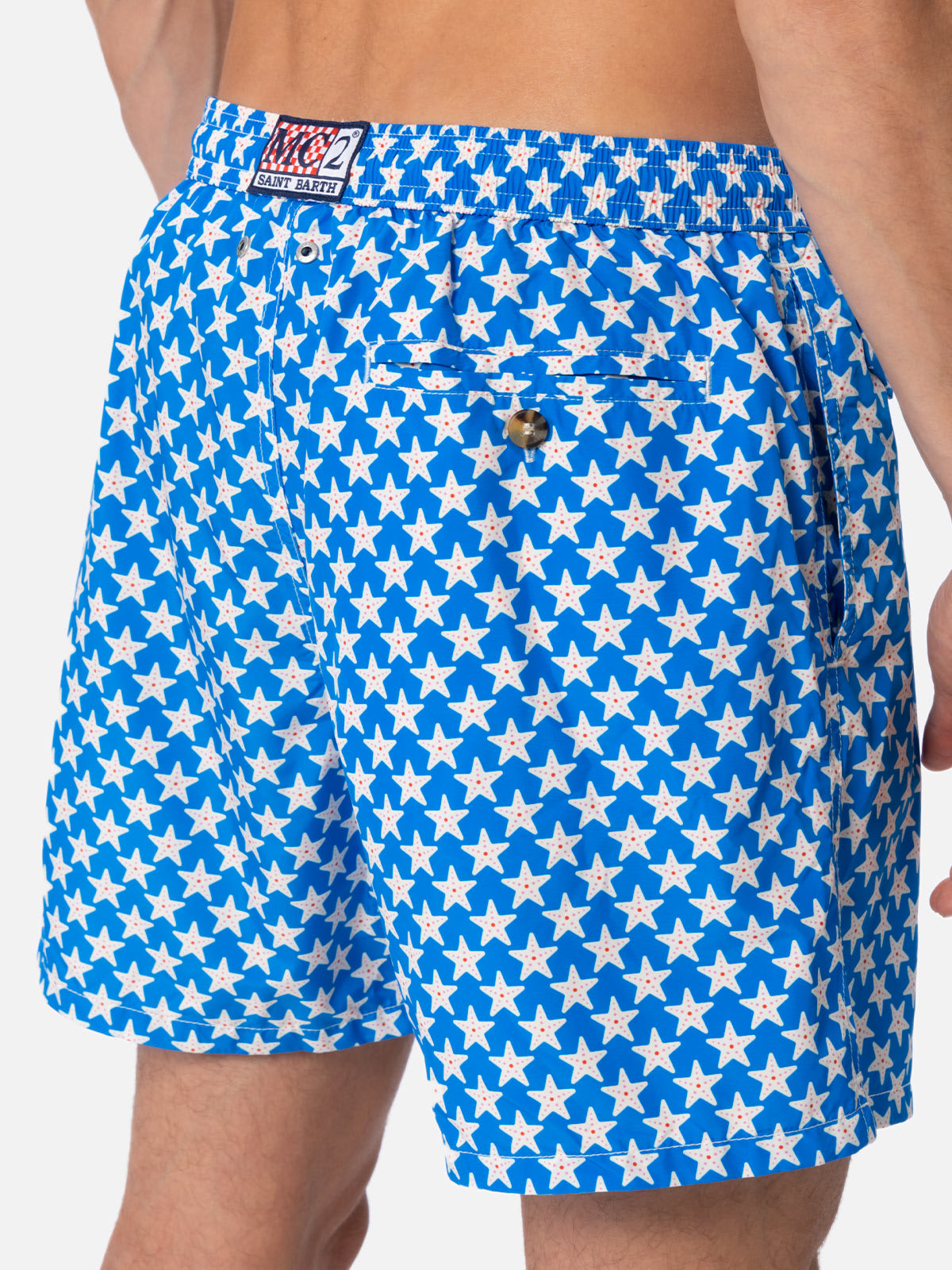 Mc2 Saint Barth Man Lightweight Fabric Swim-shorts Lighting 70 With Seastars Print In Sky