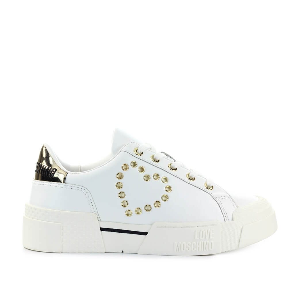 Buy Love Moschino White Sneaker With Golden Heart online, shop Love Moschino shoes with free shipping