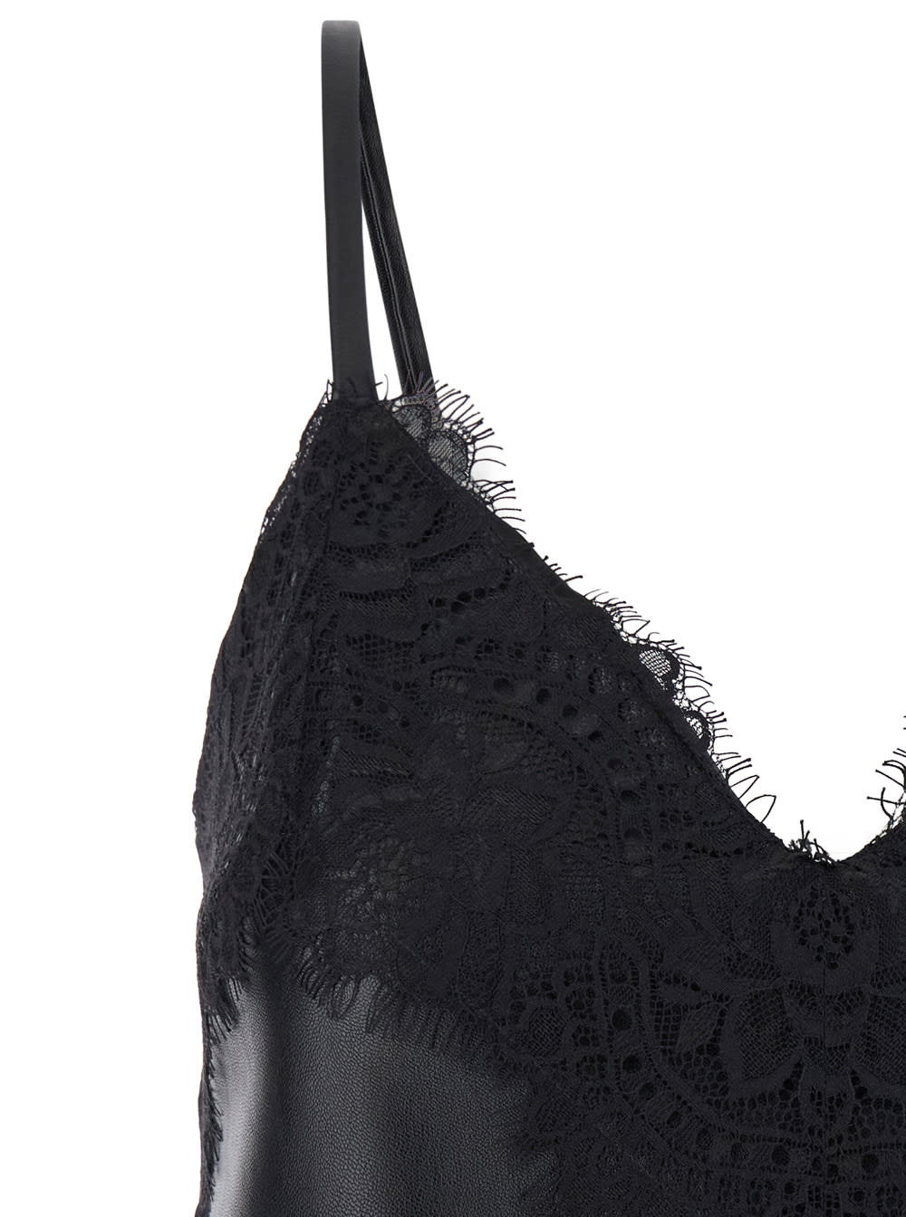 Shop Alberta Ferretti Black Top With Lace Trim In Eco Leather And Fabric Woman