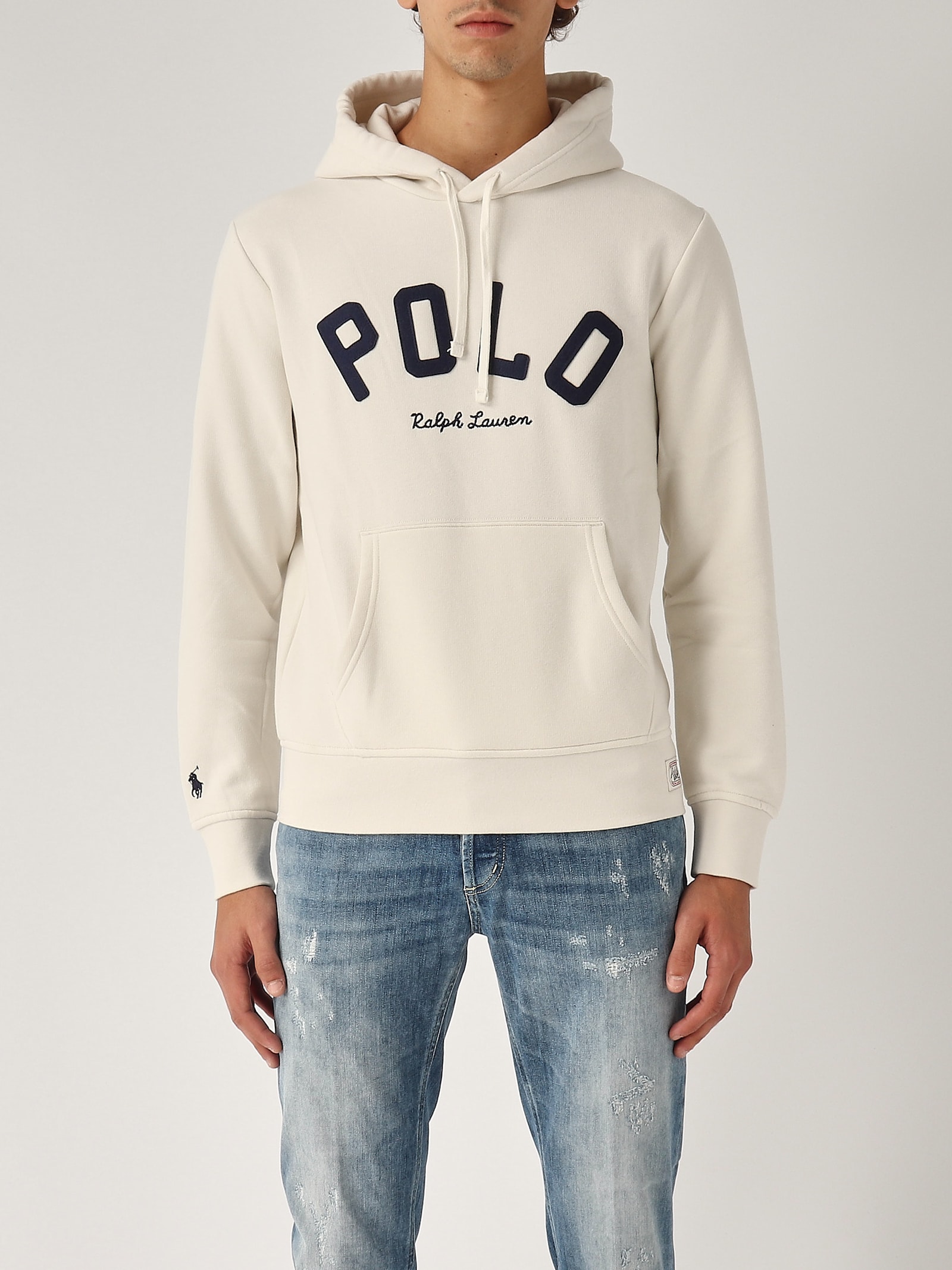 Shop Polo Ralph Lauren Felpa Con Cappuccio Rl Logo Sweatshirt In Panna