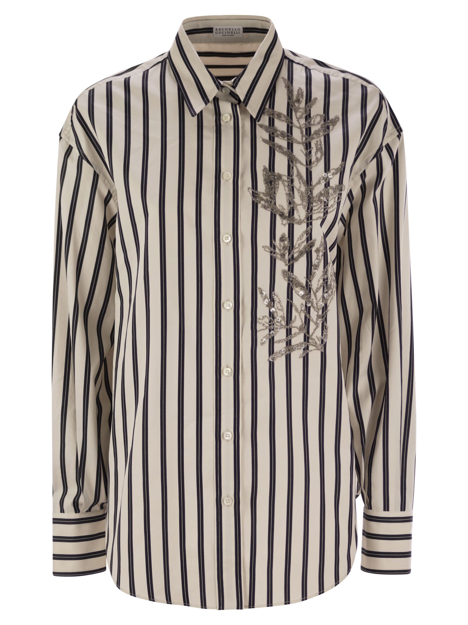 Brunello Cucinelli White Shirt With Floral Embroidery On The Front And All-over Striped Motif In Bianco/nero
