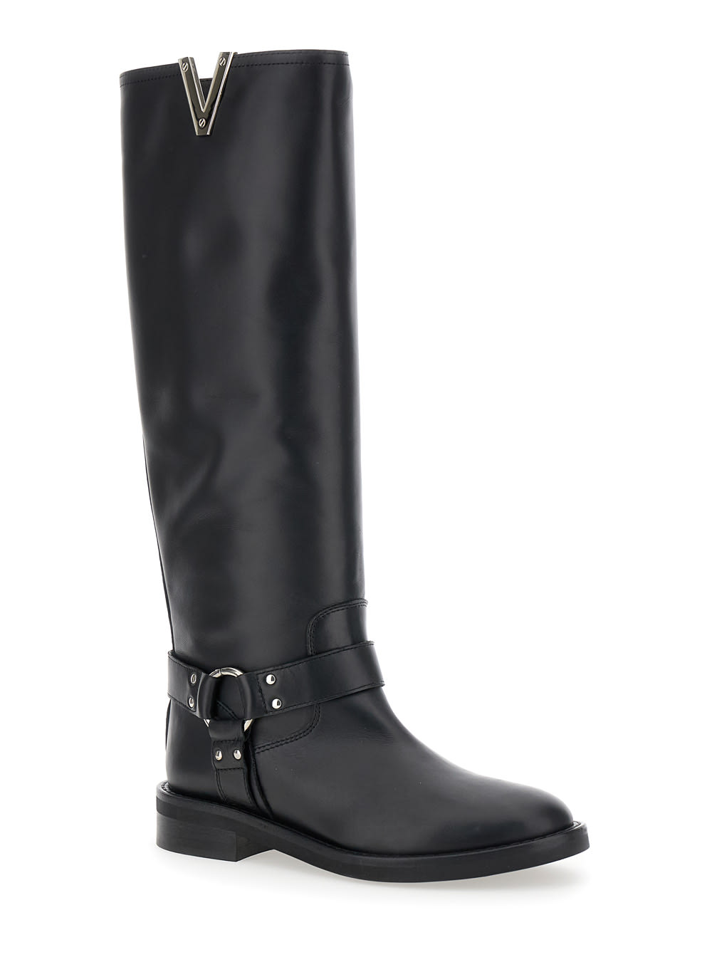 Shop Via Roma 15 Black V-detailed Knee Boots In Leather Woman