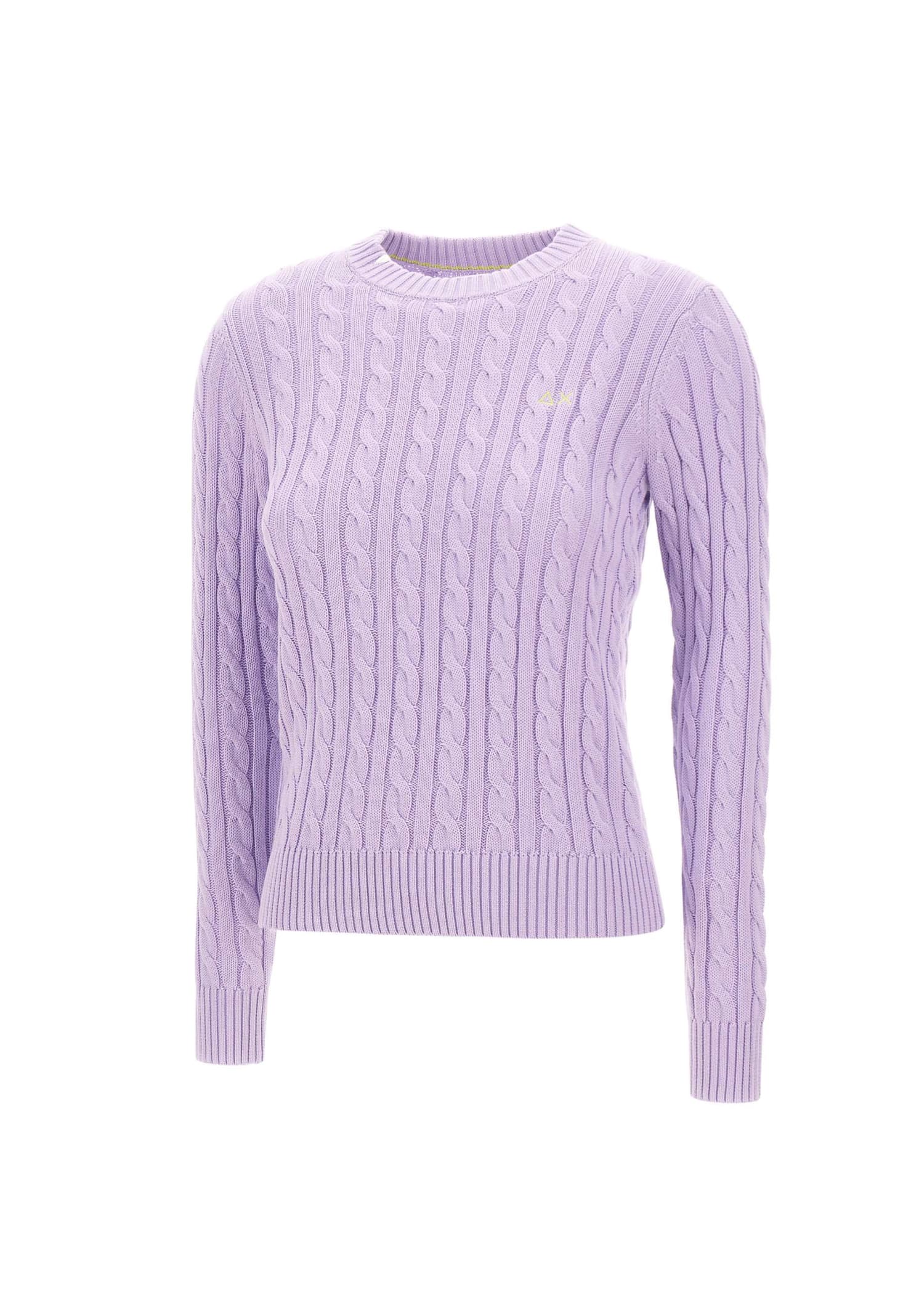 Shop Sun 68 Round Neck Cable Sweater Cotton In Lilac