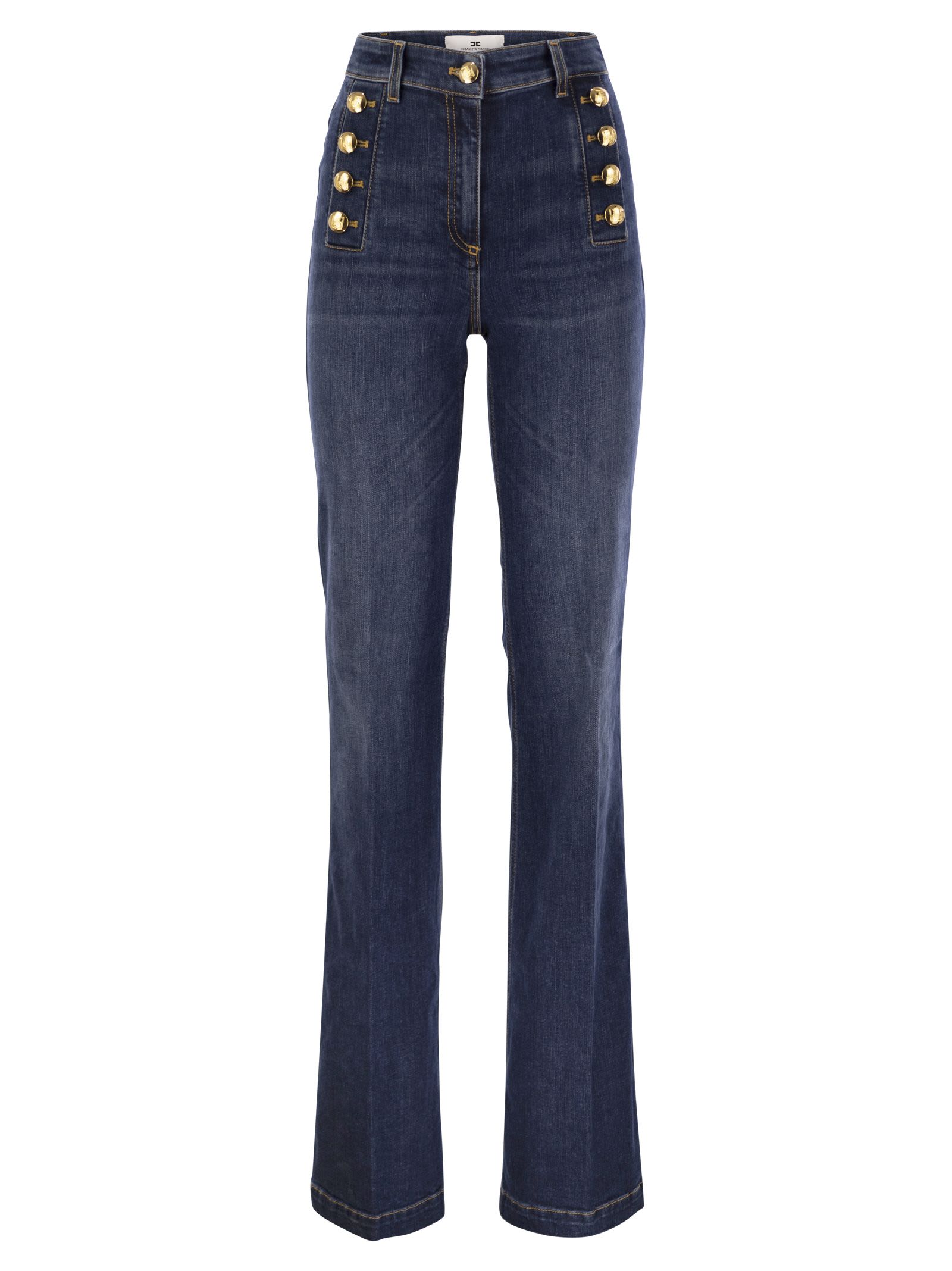 Shop Elisabetta Franchi Stretch Cotton Flared Jeans With Side Button Fastening In Denim