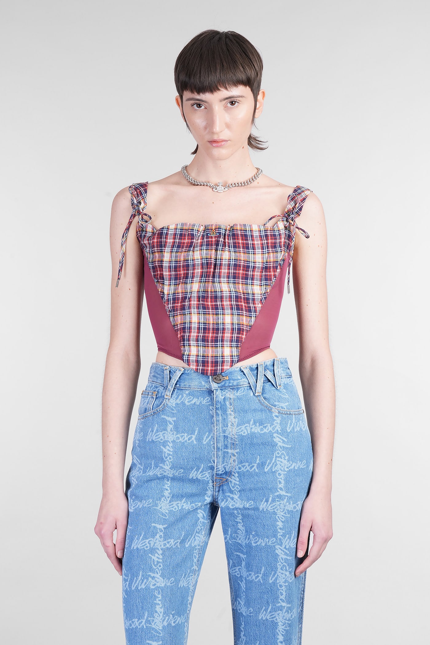 Vivienne Westwood Puppy Mesh-trimmed Checked Linen And Cotton-blend Bustier Top