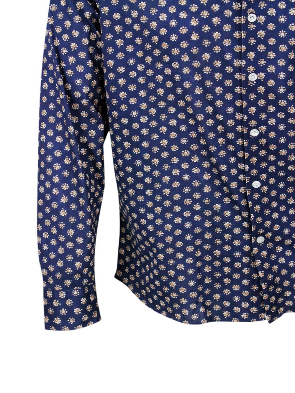 Shop Sonrisa Luxury Shirt In Soft, Precious And Very Fine Stretch Cotton Flower With Spread Collar In Small Beige In Blu