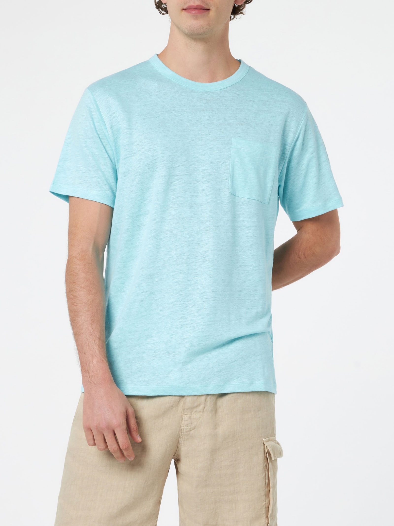 Shop Mc2 Saint Barth Man Water Green Linen Jersey T-shirt Ecstasea With Pocket