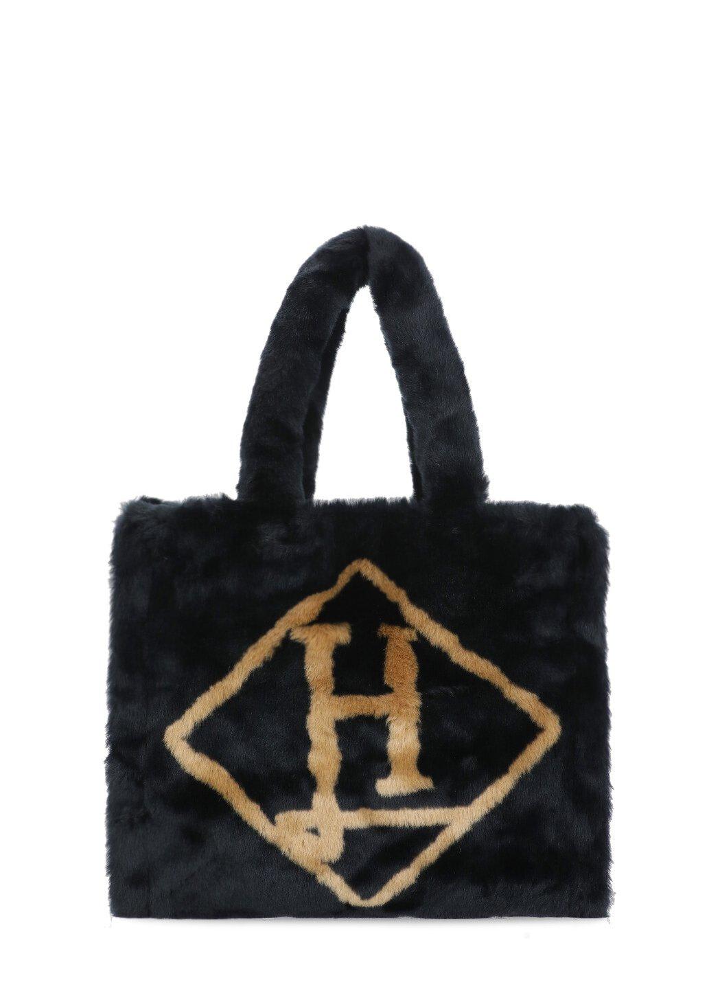 Shop Herno Logo Printed Faux-fur Top Handle Bag In Nero