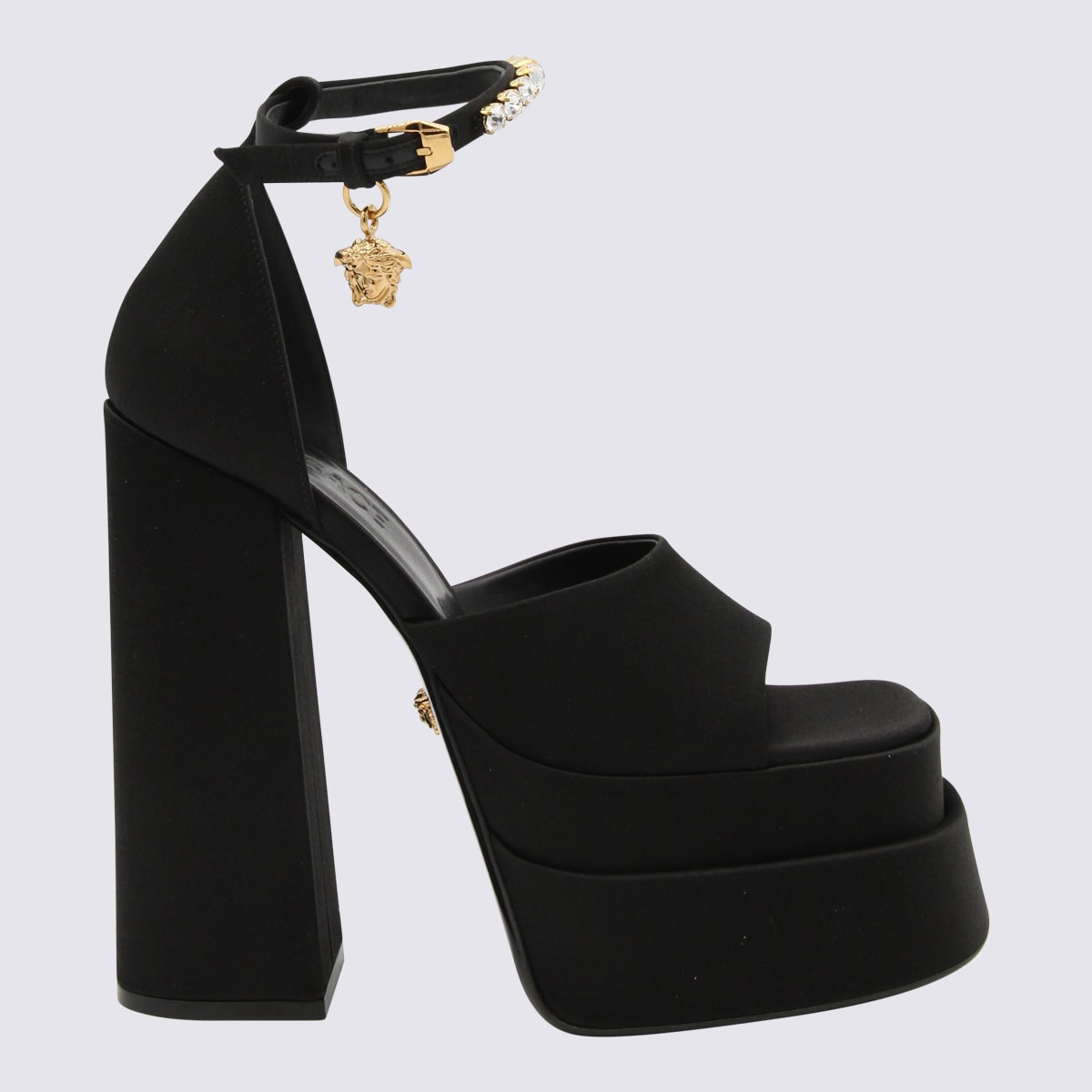 Shop Versace Black Satin Medusa Sandals