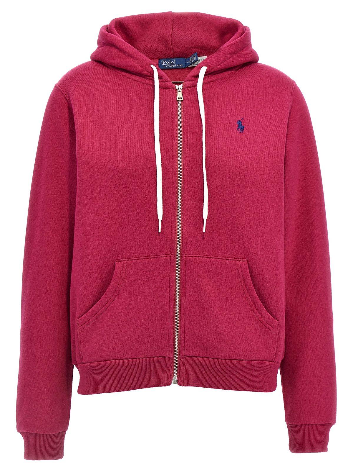 Shop Polo Ralph Lauren Logo Embroidered Zipped Hoodie  In Purple