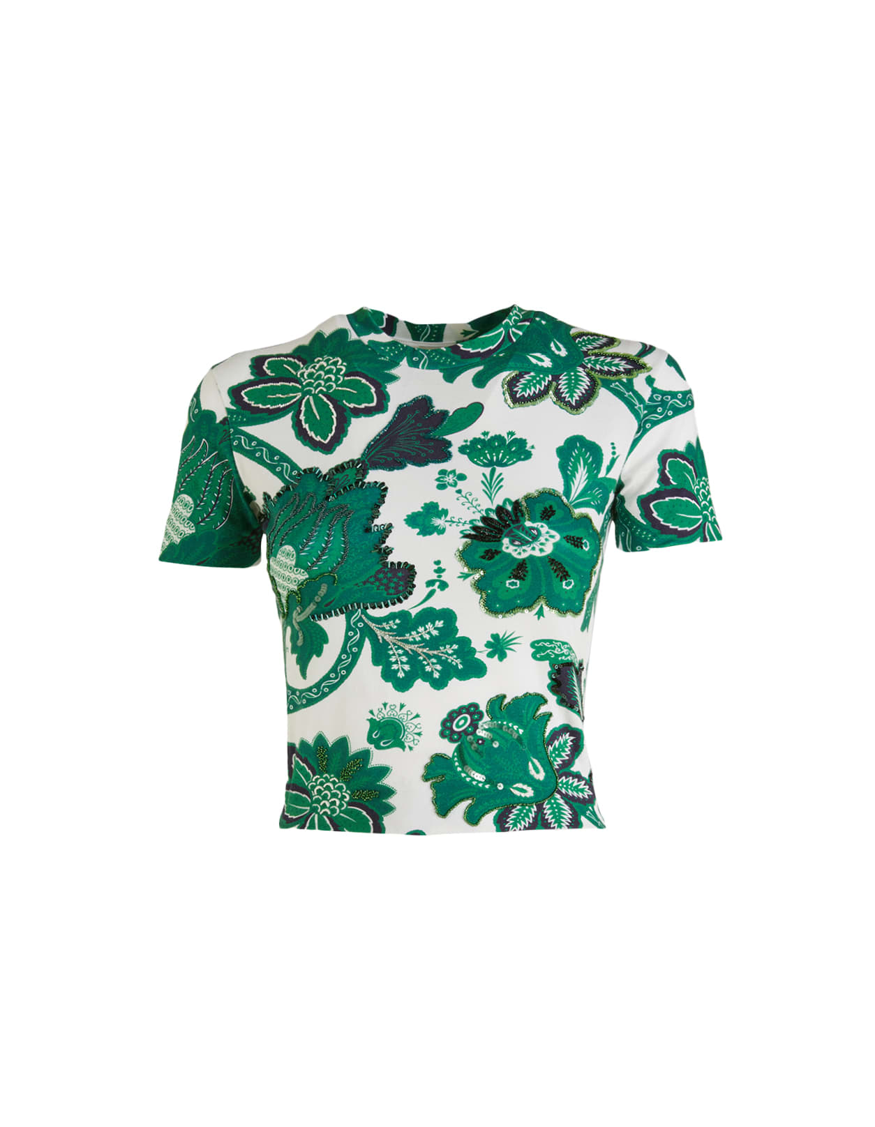 Etro White And Green Crop T-shirt With Embroidery
