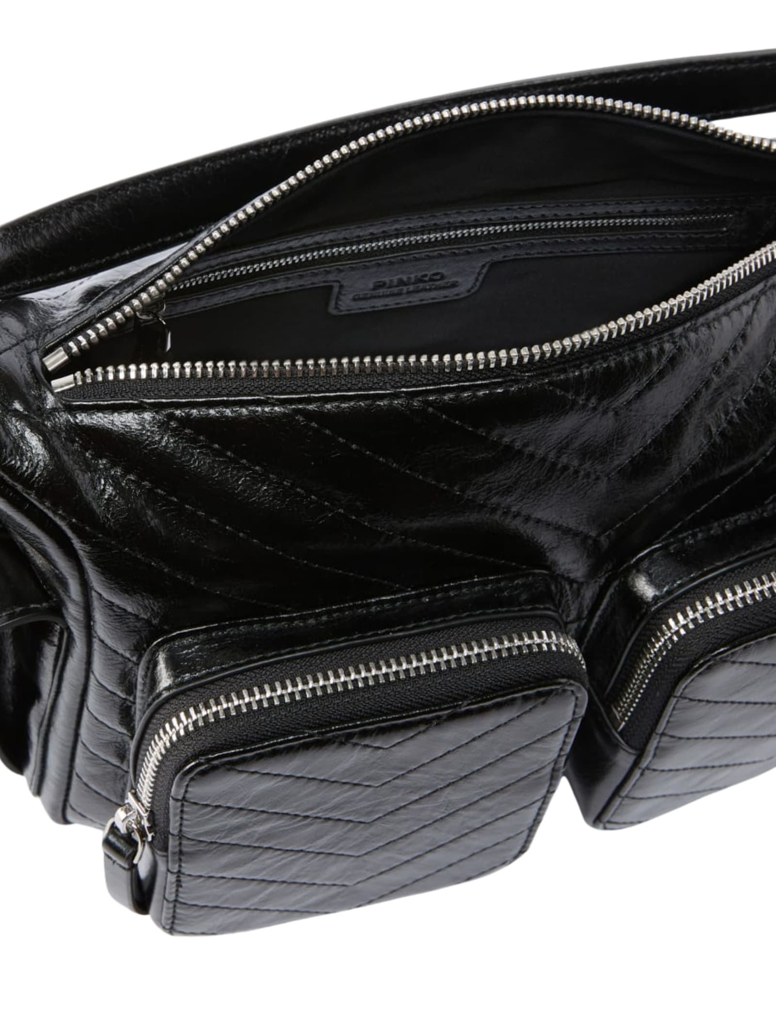 Pinko Medium Leather Cargo Bag With Pockets In Black