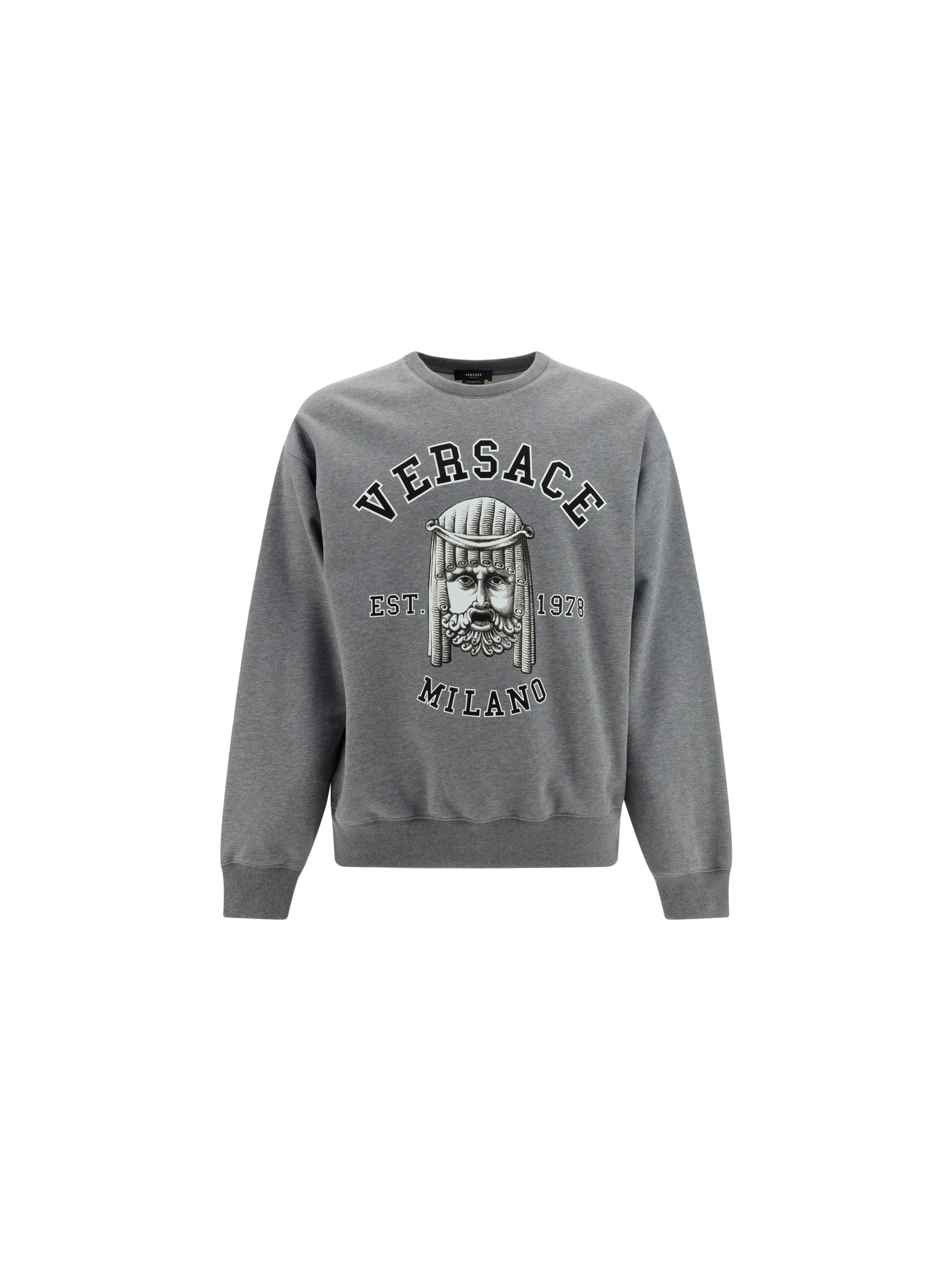 Versace Mask Print Cotton Crewneck Sweatshirt In Grigio Medio Melange