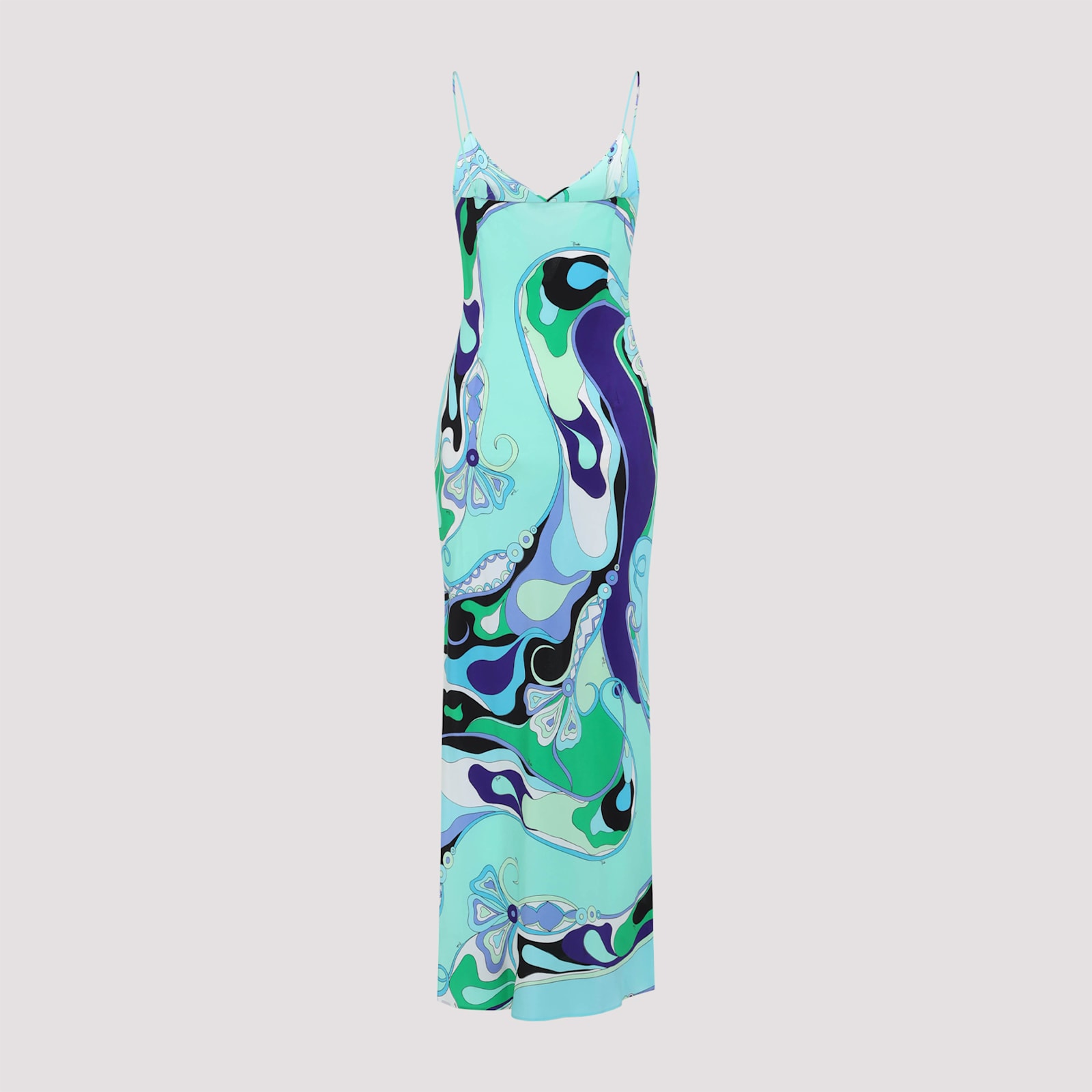 Pucci Abstract Print Maxi Dress With Spaghetti Straps In Verde Lilla