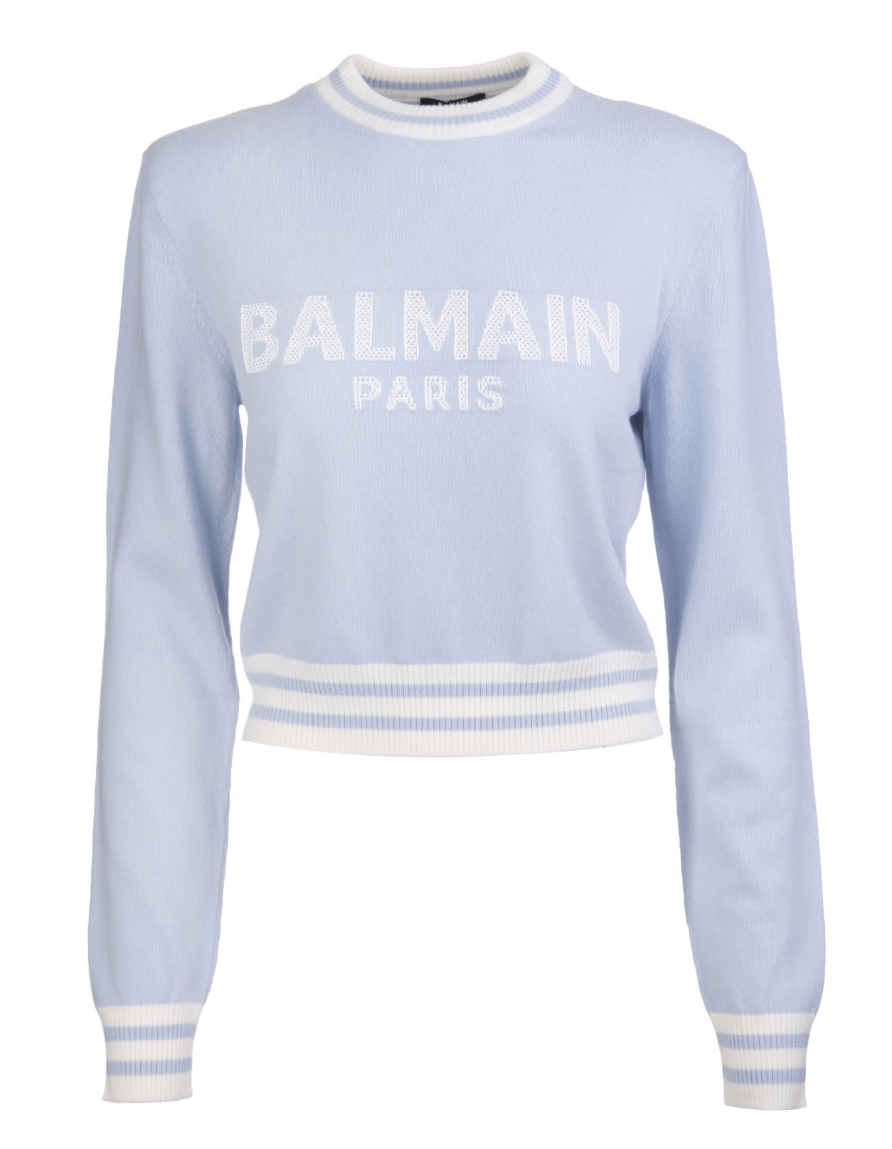 Balmain Woman Light Blue Short Pullover With Logo