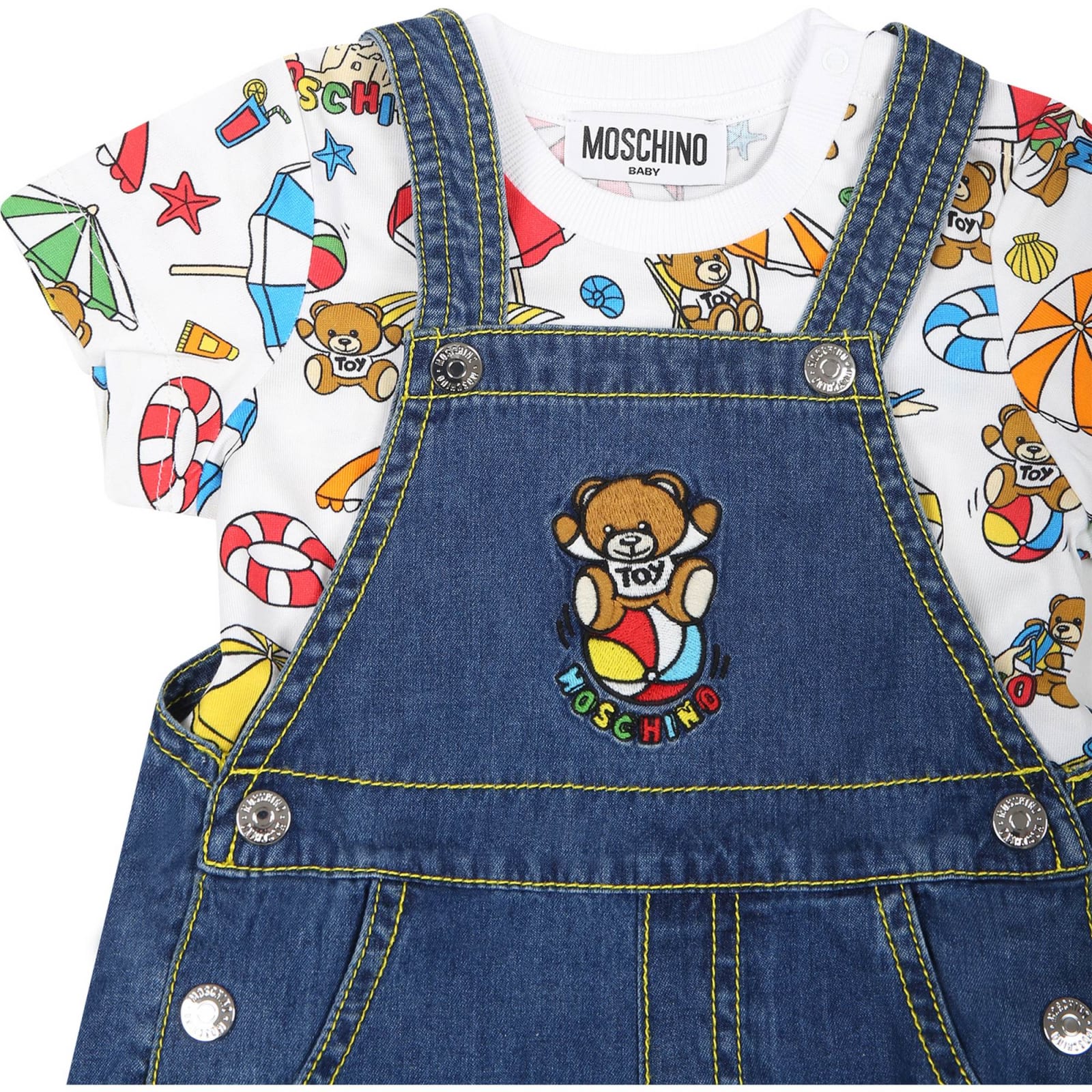 Shop Moschino Complet Bleu Pour Nouveau-né Avec Teddy Bear Et Timbre In Denim