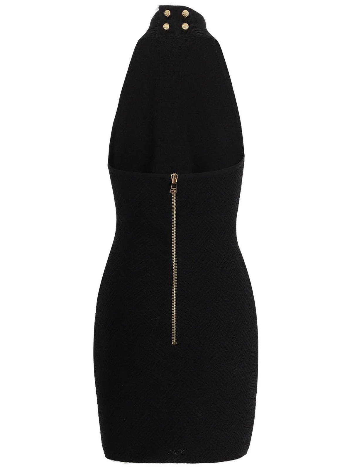 Shop Balmain Off Shoulder Button-detailed Mini Dress In Black