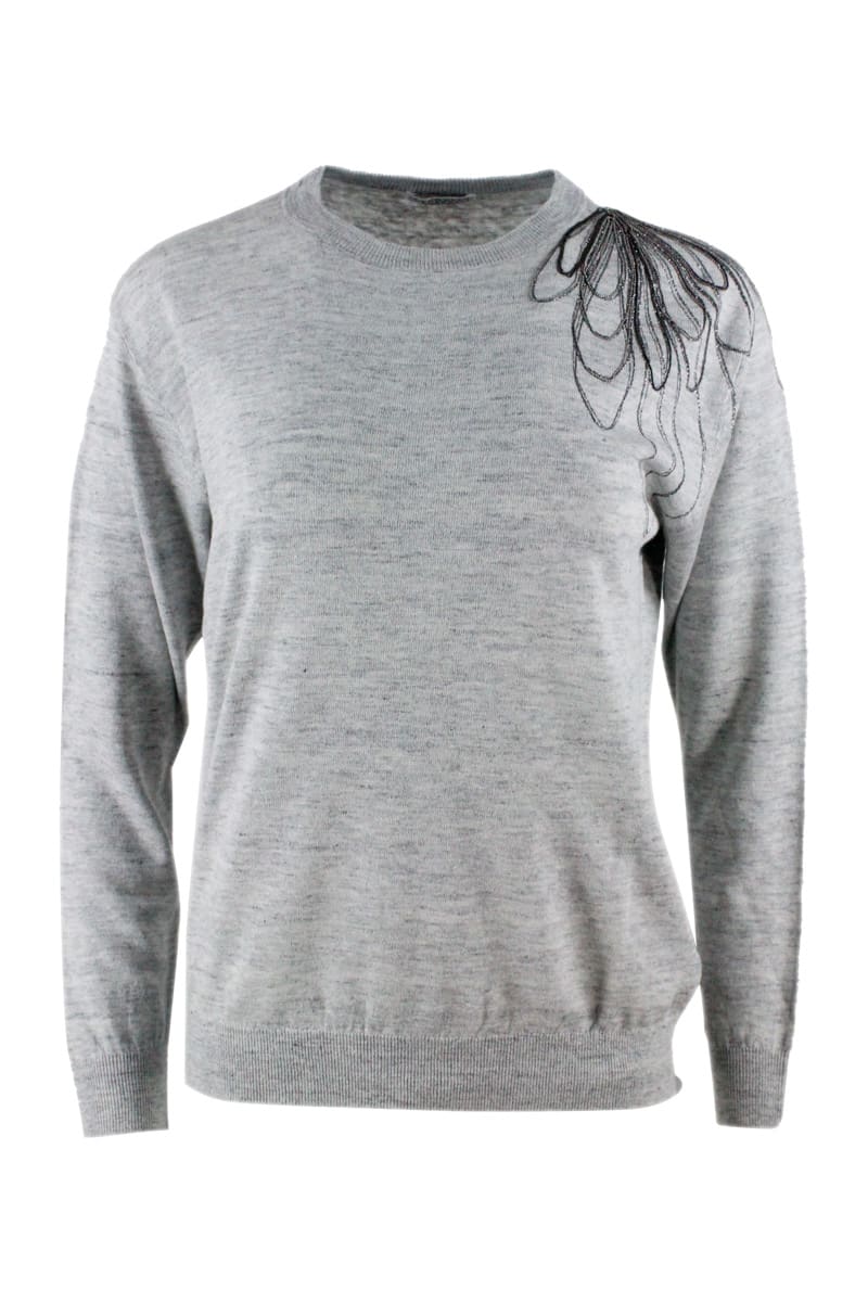 Brunello Cucinelli Long-sleeved Crewneck Sweater With Monili Flower Embroidery On The Neck