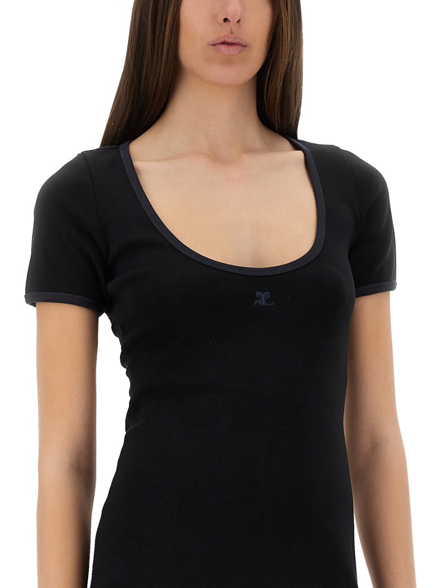 Courrèges Cotton Short Sleeves Mini Dress In Black