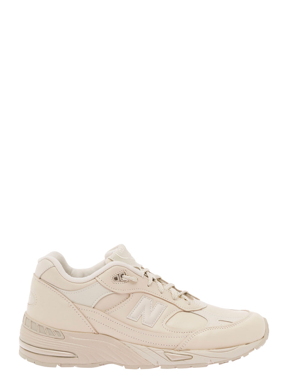 Shop New Balance 991 Beige Panelled Sneakers With Logo Patch In Leather And Fabric Man In White