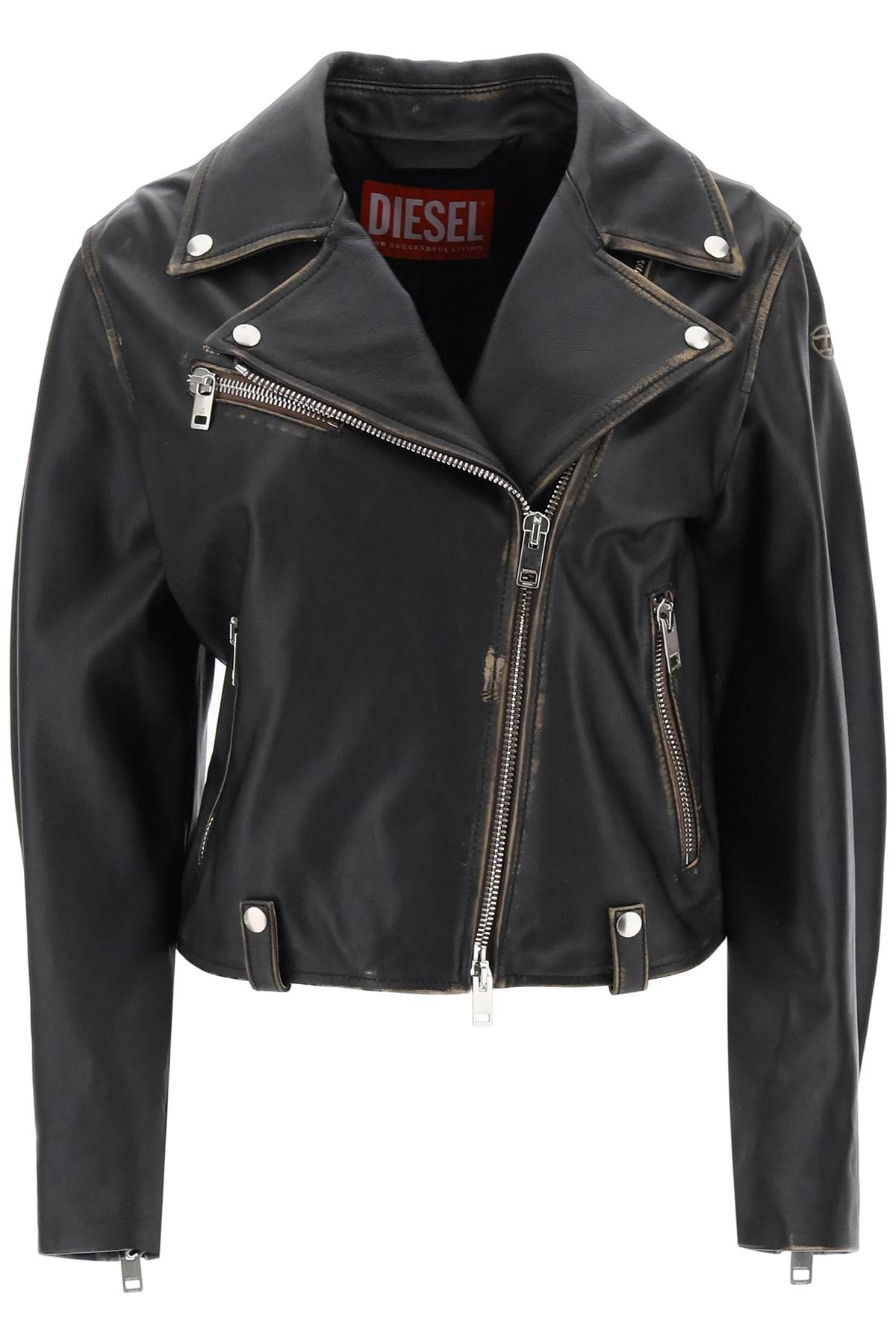Shop Diesel L-edmea Lamb Leather Biker Jacket In Deep Black (brown)
