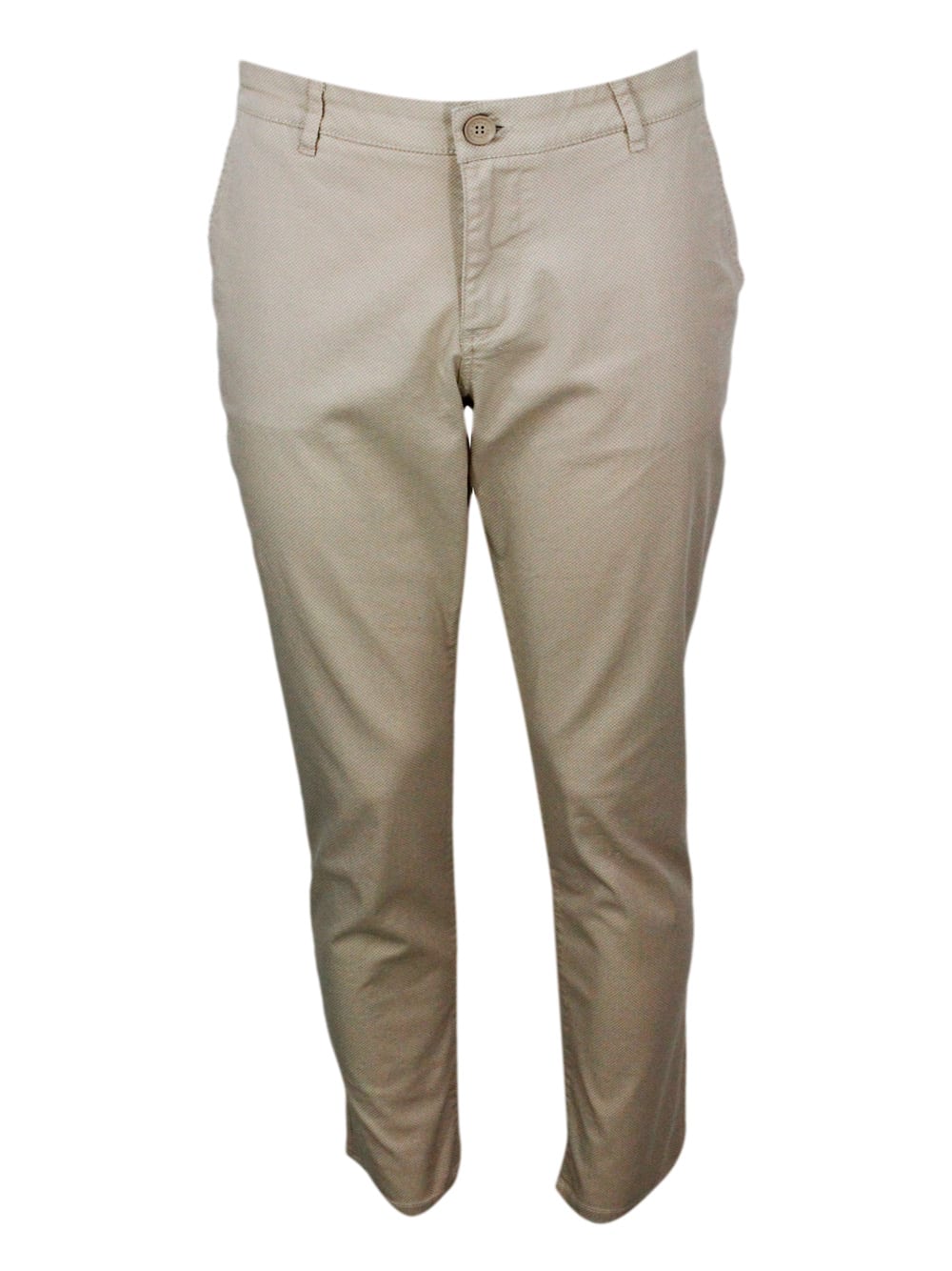 Stretch Cotton Trousers With Welt Pockets And Zip And Button Closure