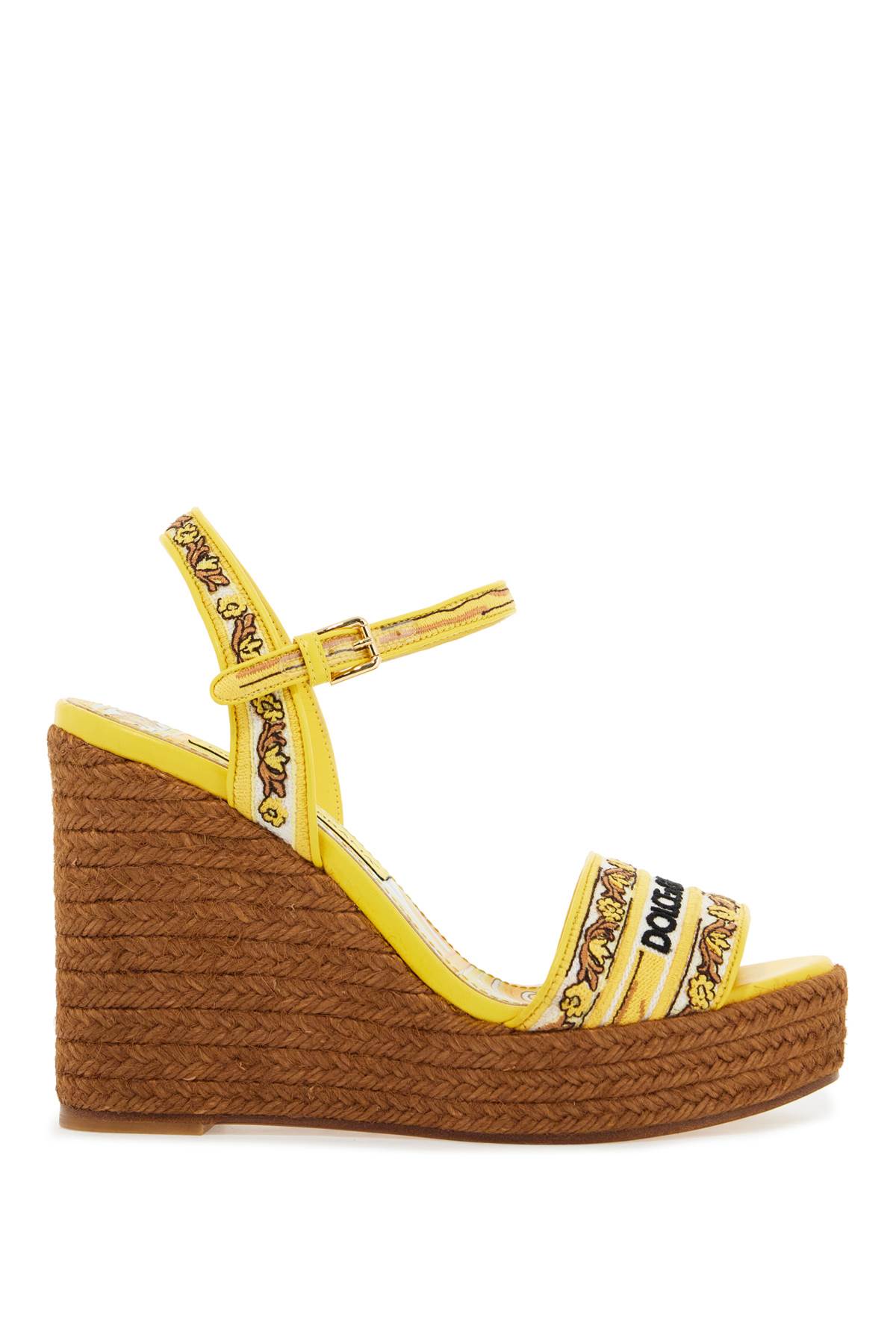 Shop Dolce & Gabbana Maiolica Embroidered Wedge Sandals In Multicolor/sole (yellow)