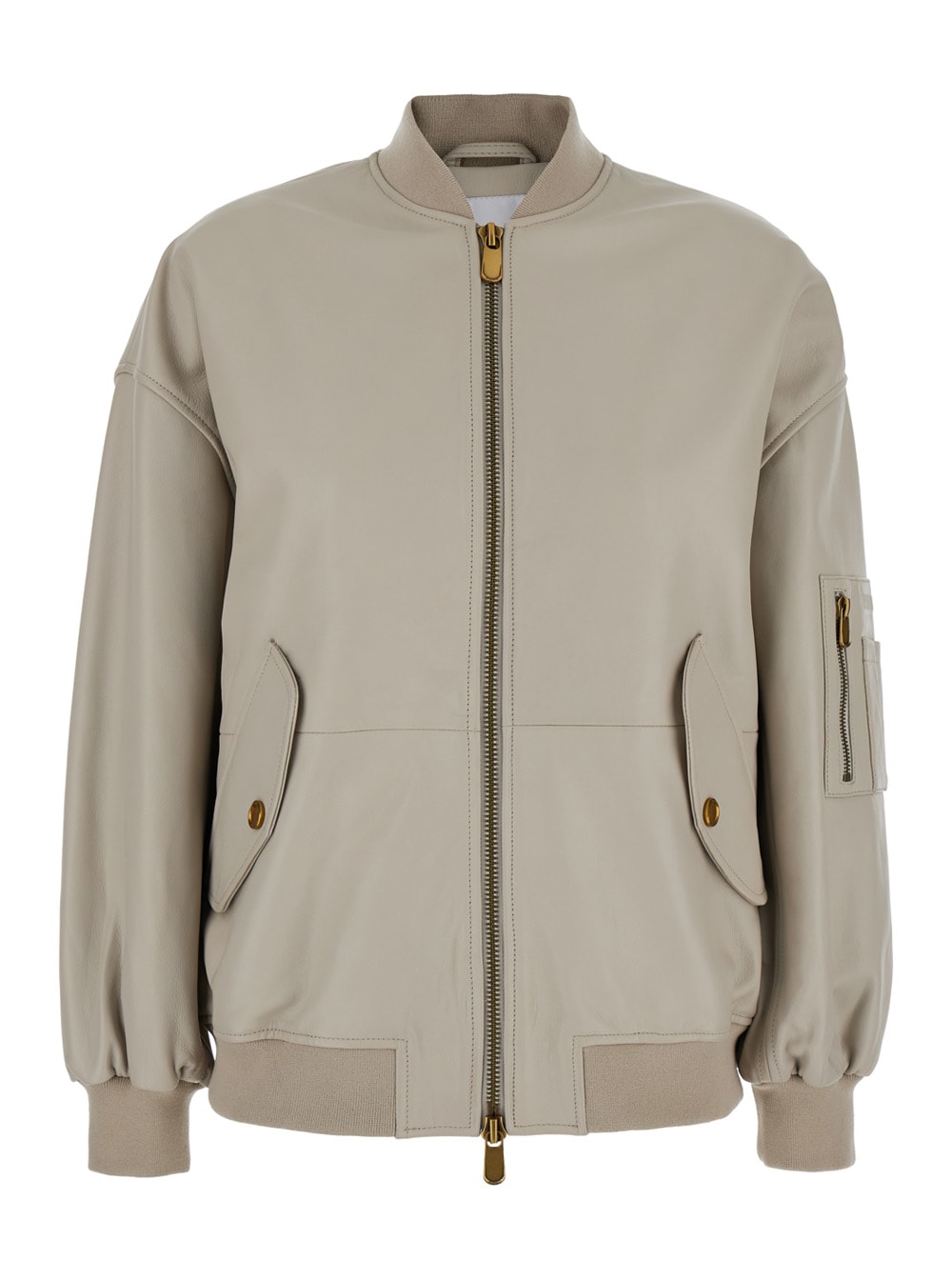 Shop Pinko Beige Bomber Jacket With Zip In Leather Woman