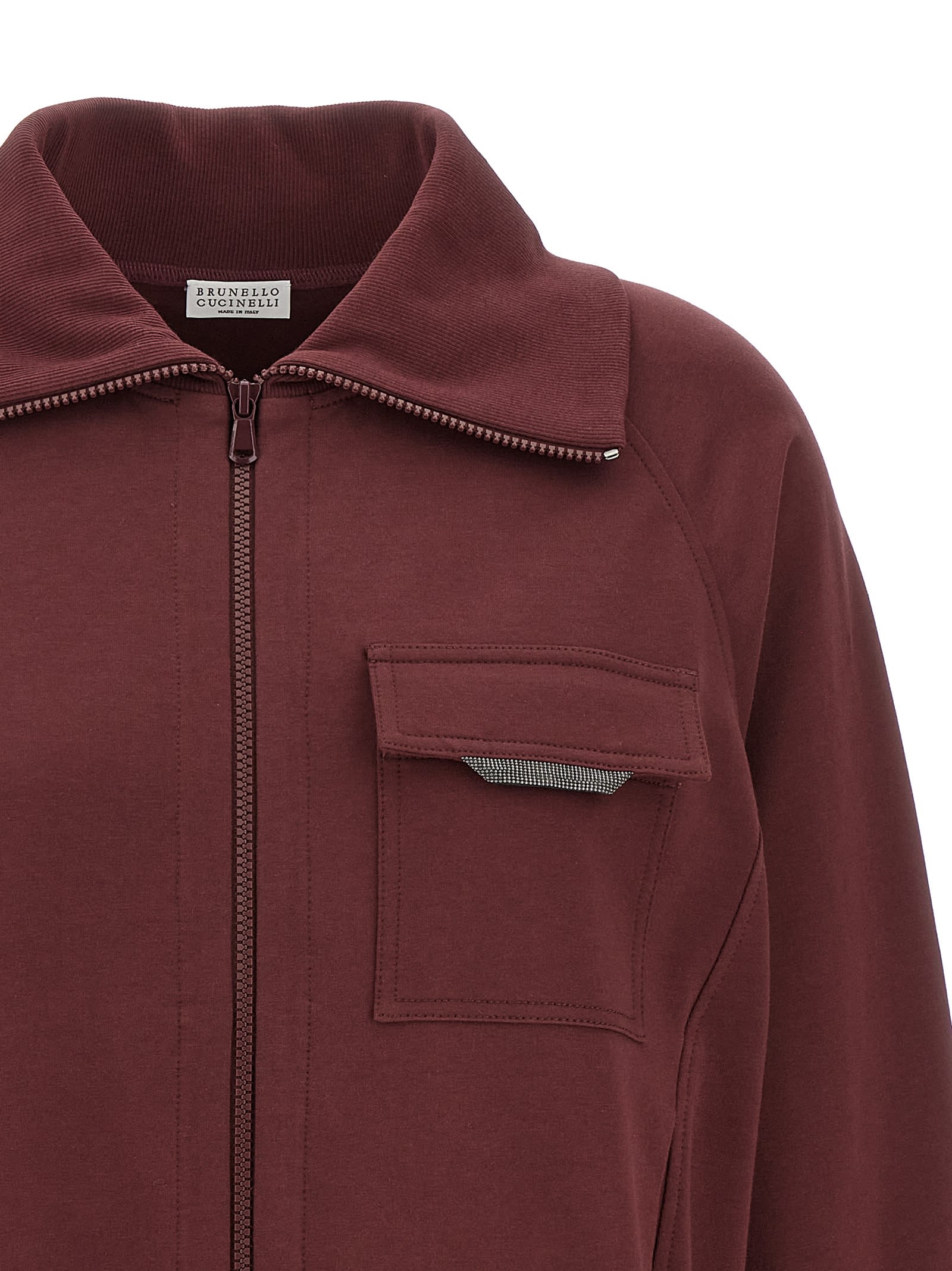 Brunello Cucinelli Collared Neck Sweatshirt With Shiny Flap Detail In Burgundy