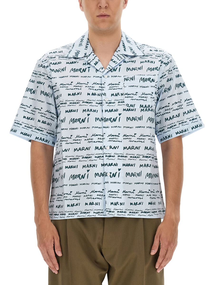 Shop Marni Logo Print Shirt In Azure