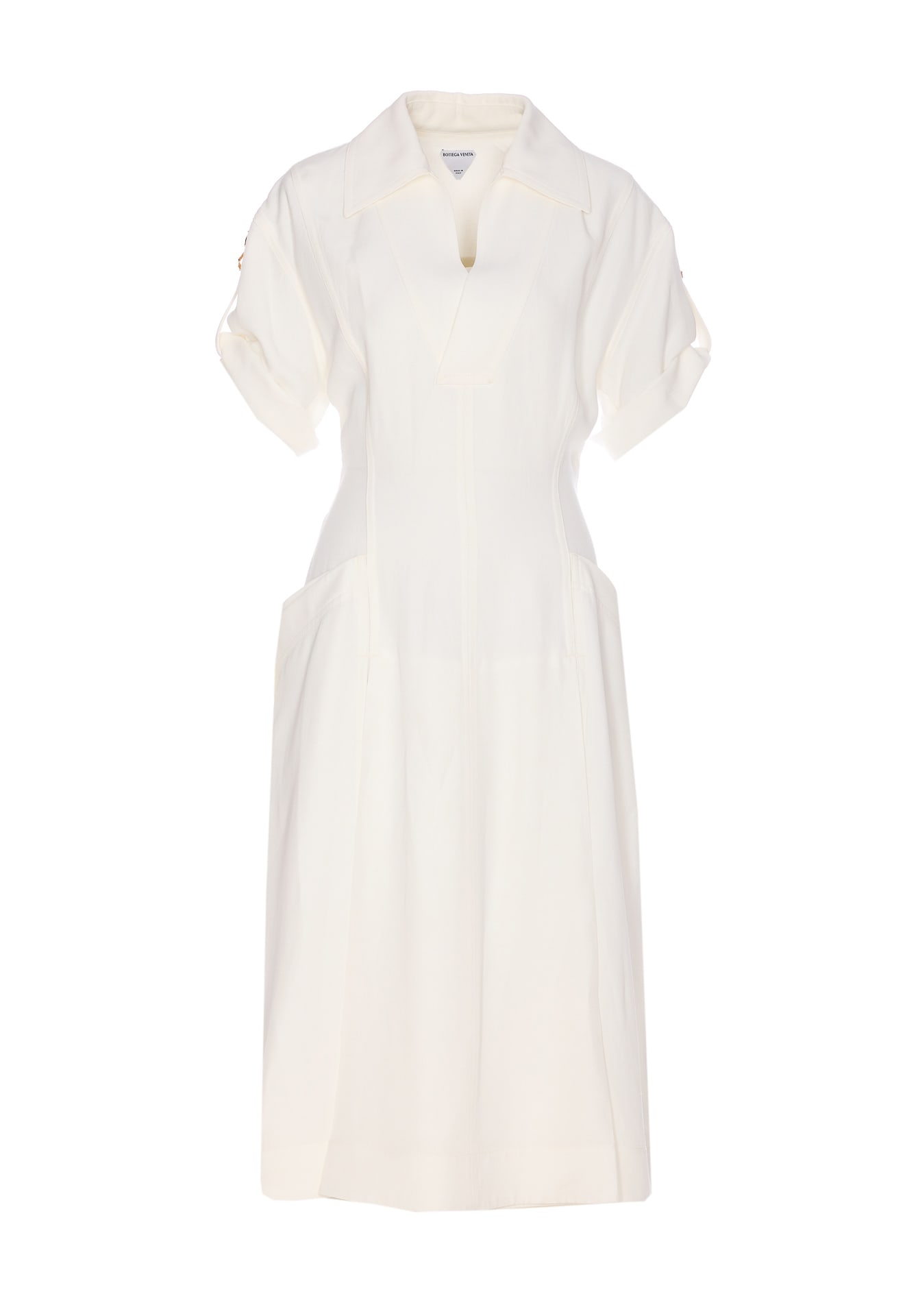 Bottega Veneta Shoulder Detail Belted Waist Embroidered V-neck Dress