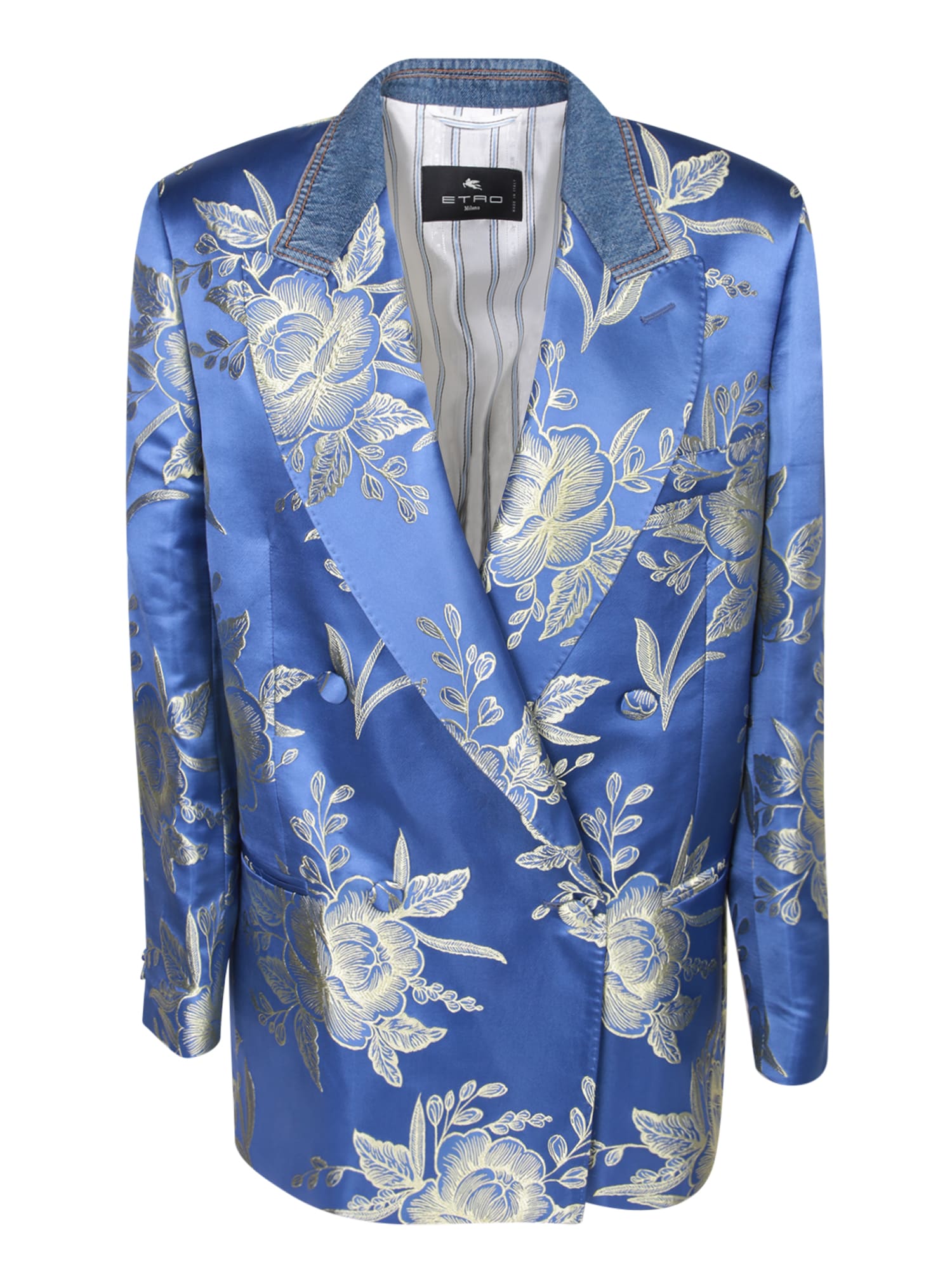 Shop Etro Jacquard Double-breasted Blue Jacket