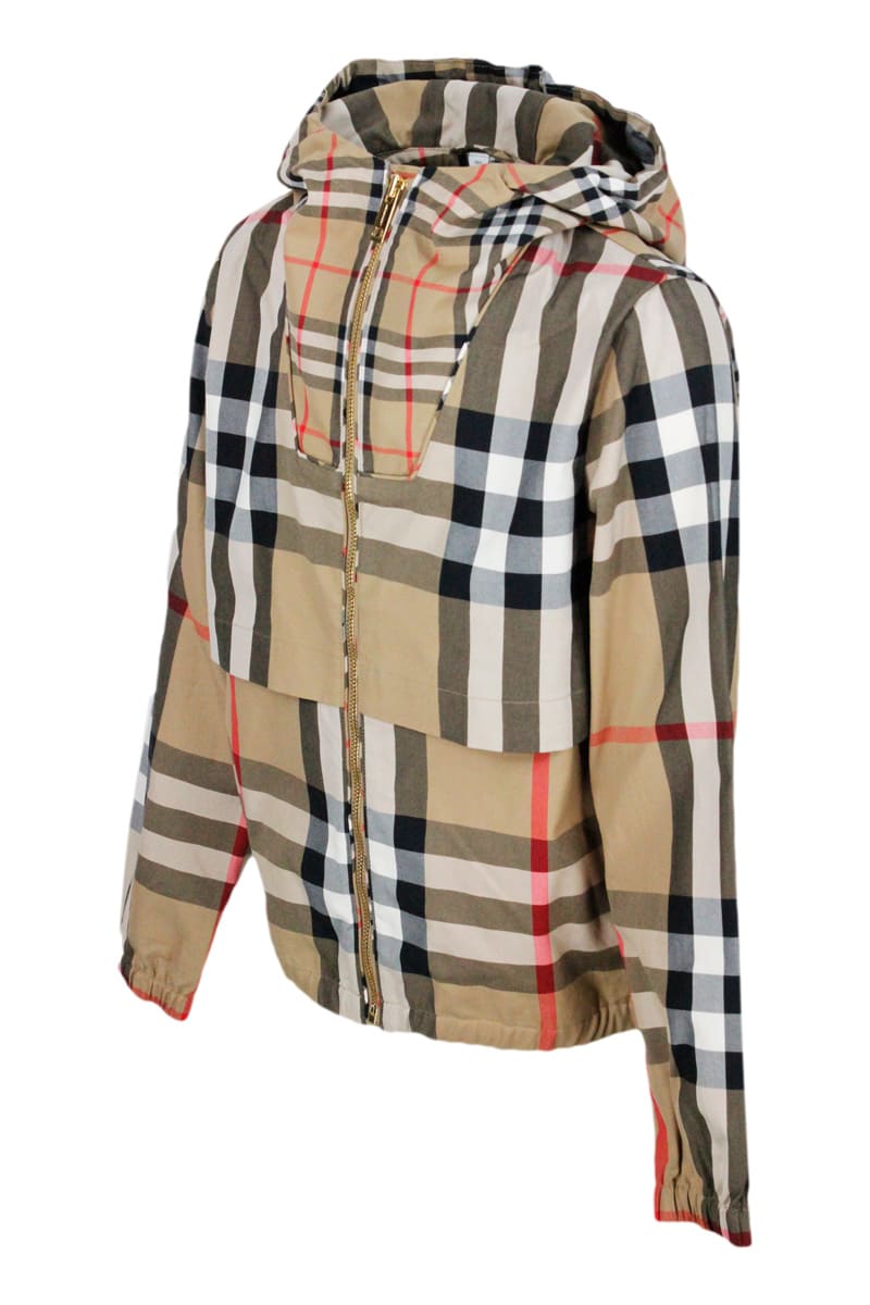 Shop Burberry Cotton Jacket With Hood And Zip Closure In Beige Classic Check