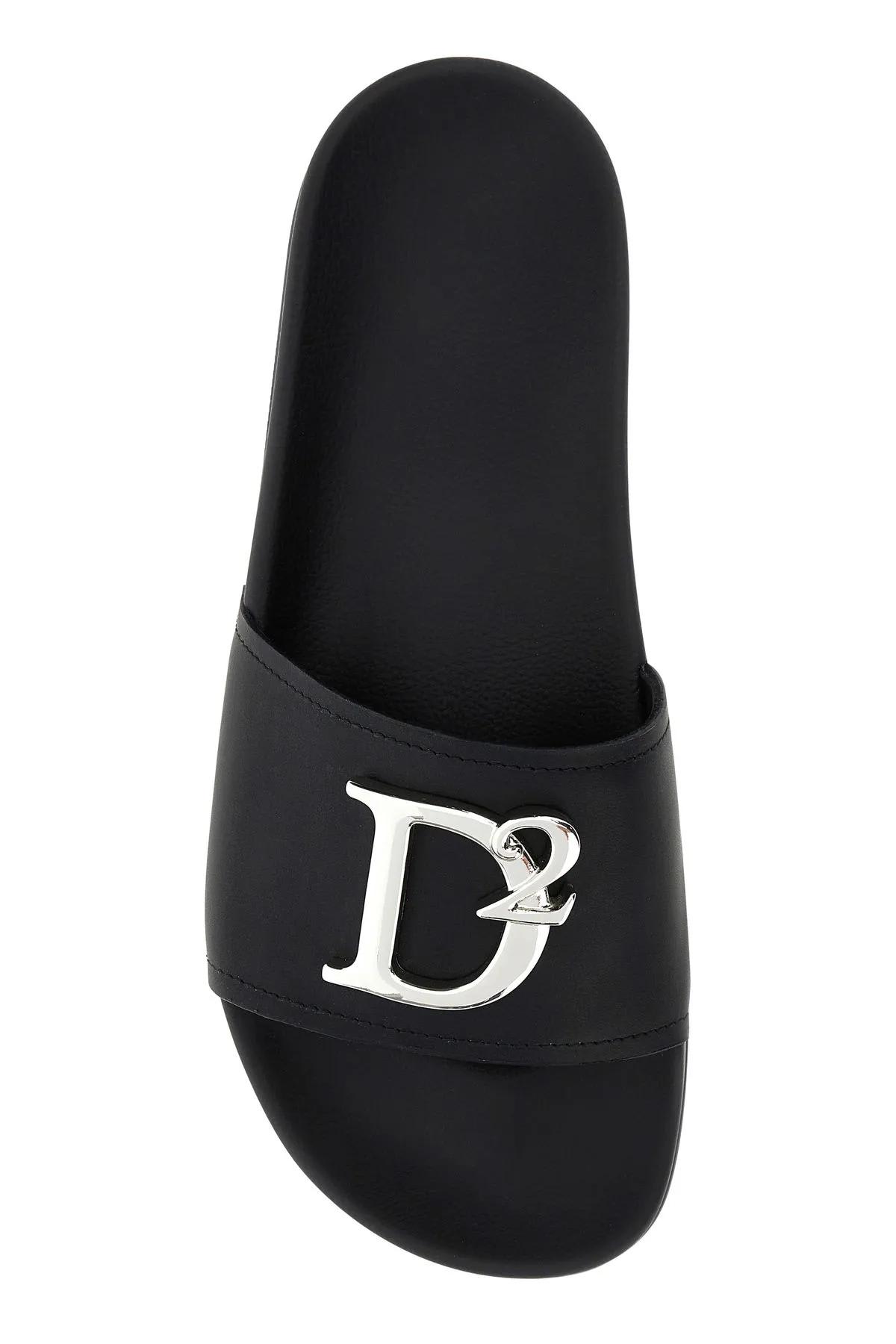Dsquared2 Black Leather D2 Statement Slippers In Nero
