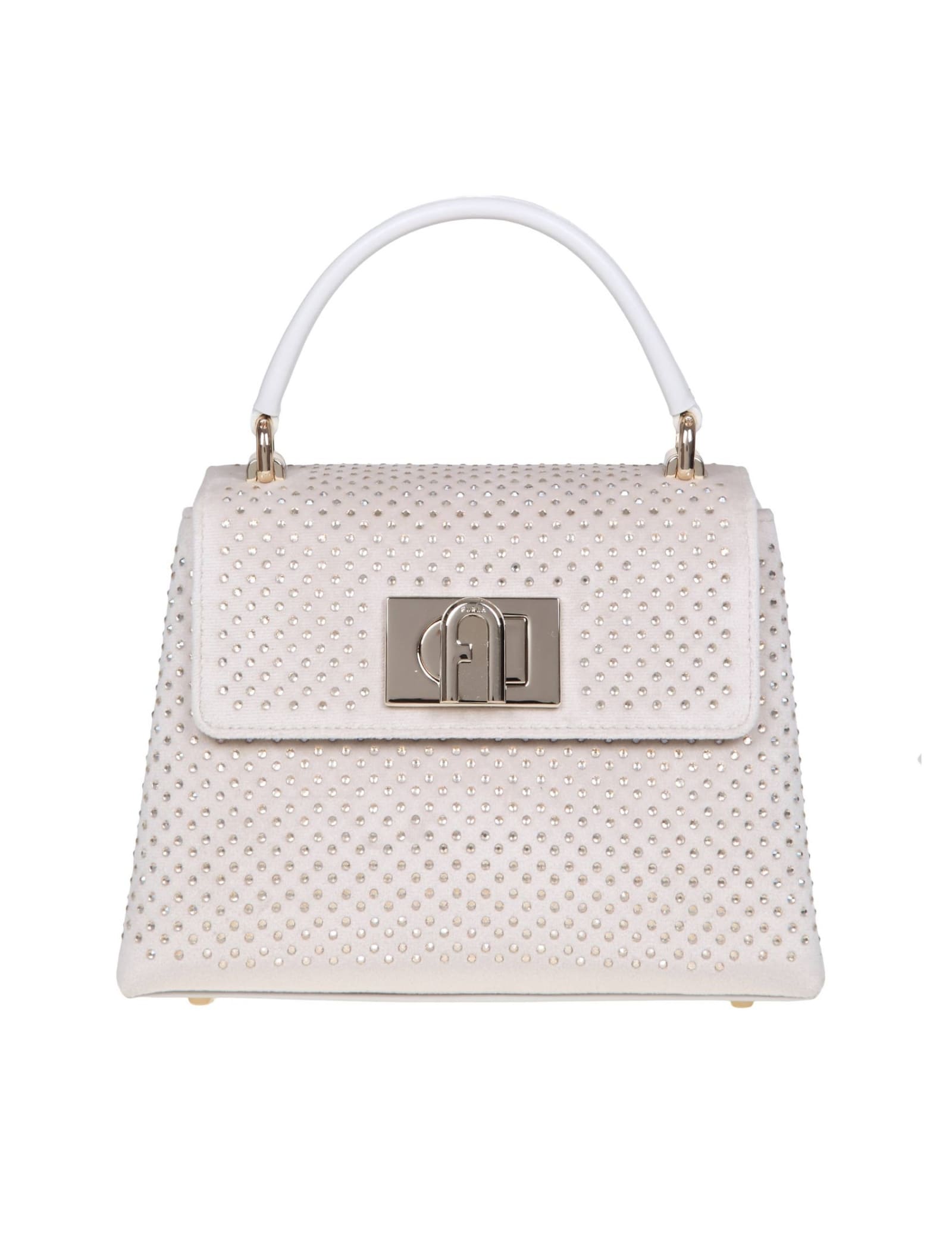Shop Furla 1927 Mini Top Handle In Velvet With Applied Strass In Yellow Cream