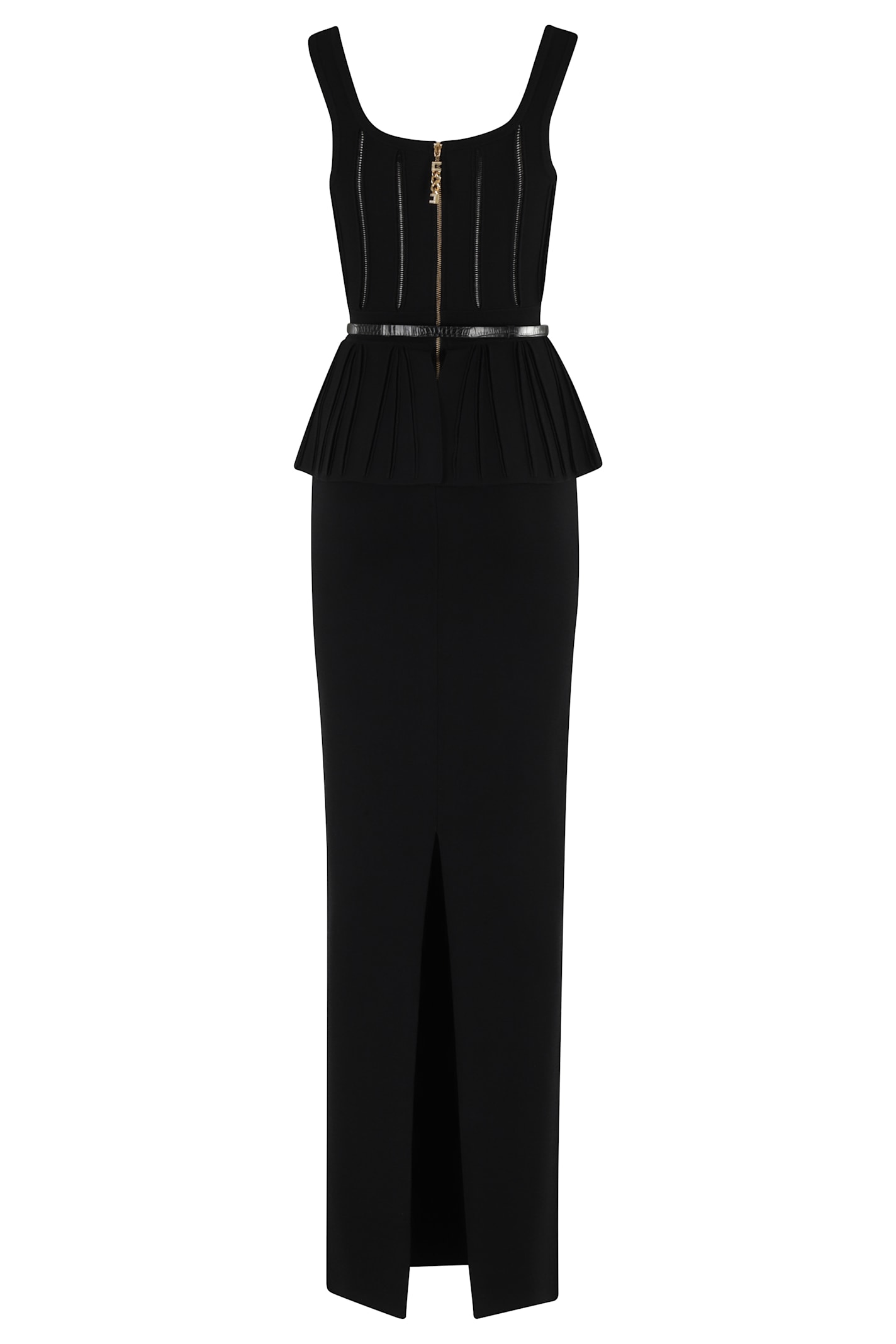 Elisabetta Franchi Red Carpet Pleated-peplum Knit Maxi Dress In Black