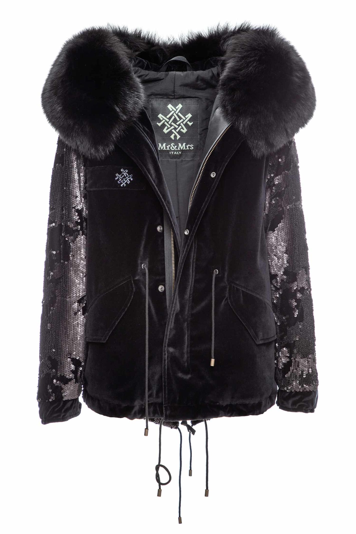 Mr & Mrs Italy Total Black Velvet Jazzy Mini Parka With Paillettes And Fur