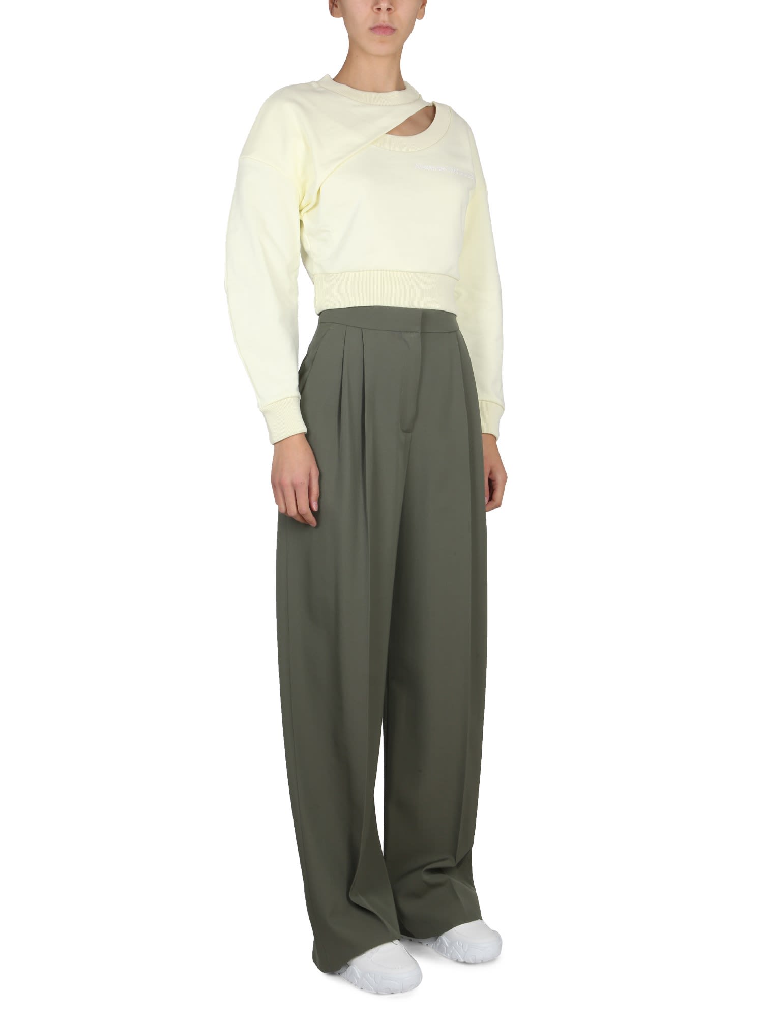 Alexander Mcqueen Cropped Cotton Knit With Ribbed Cuffs In Pale Yellow
