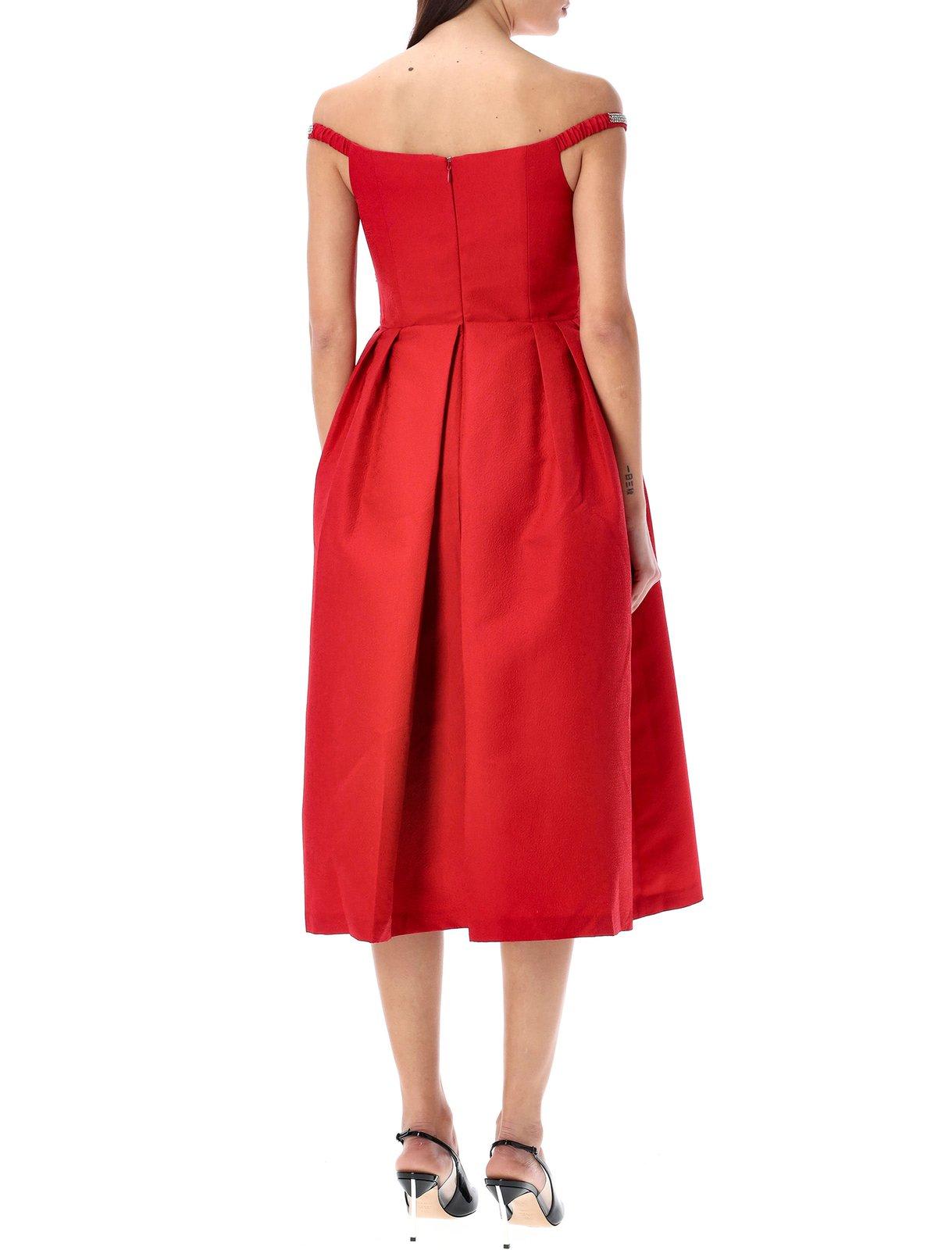 Shop Self-portrait Bow Embellished Midi Dress In Red