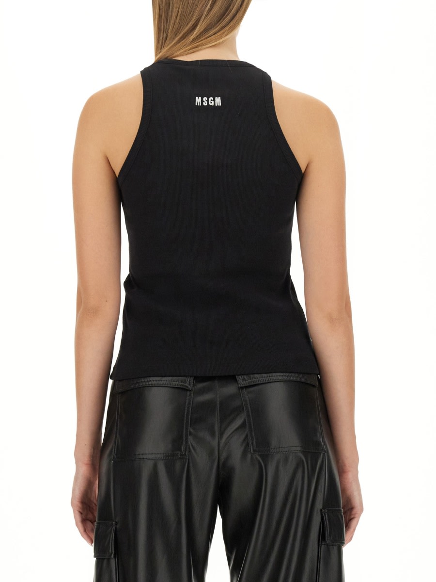 Msgm Fitted Sleeveless Ribbed Cotton Top With Embroidered Detail In Black