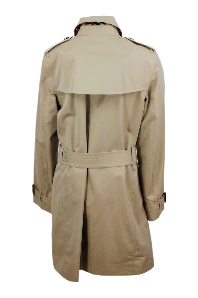 Shop Burberry Trench Coat In Cotton Gabardine With Buttons And Belt With Check Interior In Beige