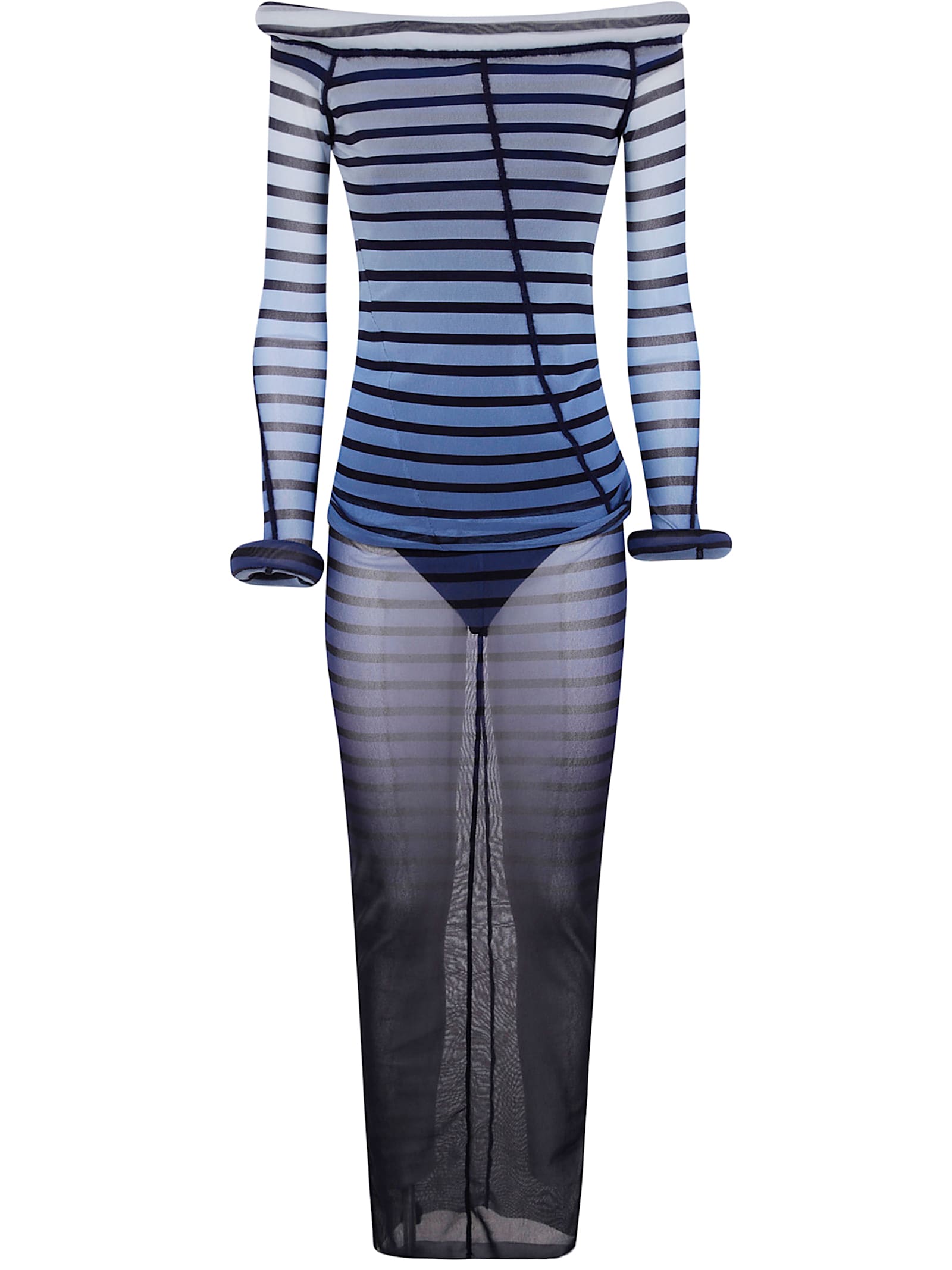 Mesh Boat Neck Long Dress With 3d Collar And Cuff