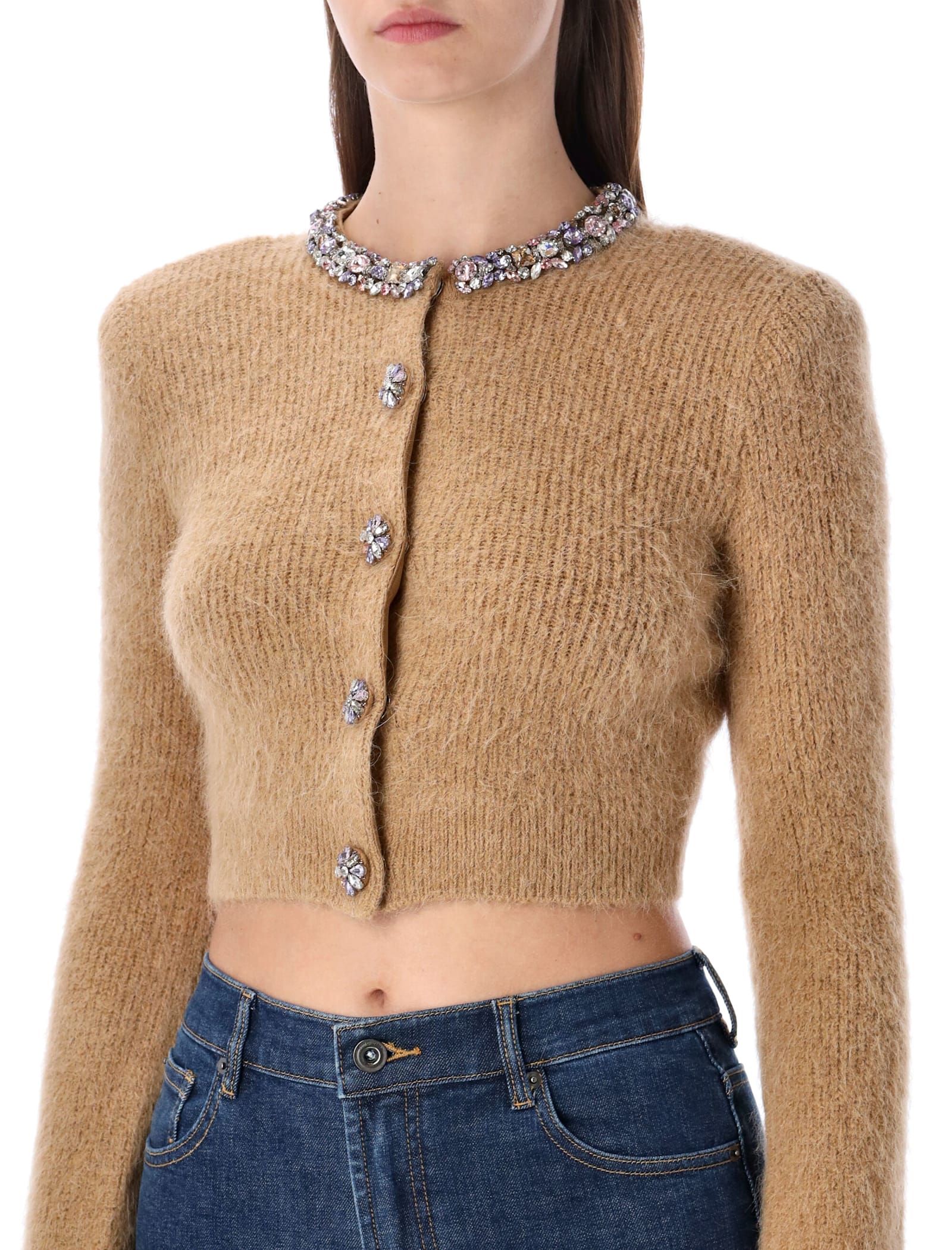 Self-portrait Camel Alpaca Cropped Cardigan With Crystal Trims In Brown