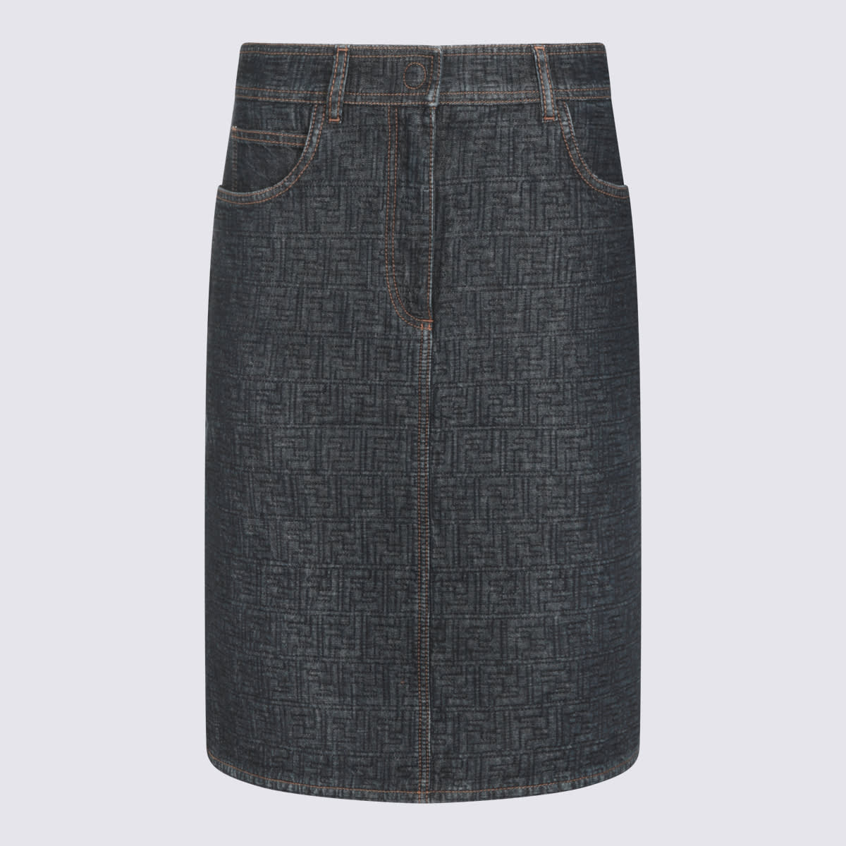 Fendi Flared Midi Denim Skirt With All-over Quilted Ff Motif Clothing In Gray